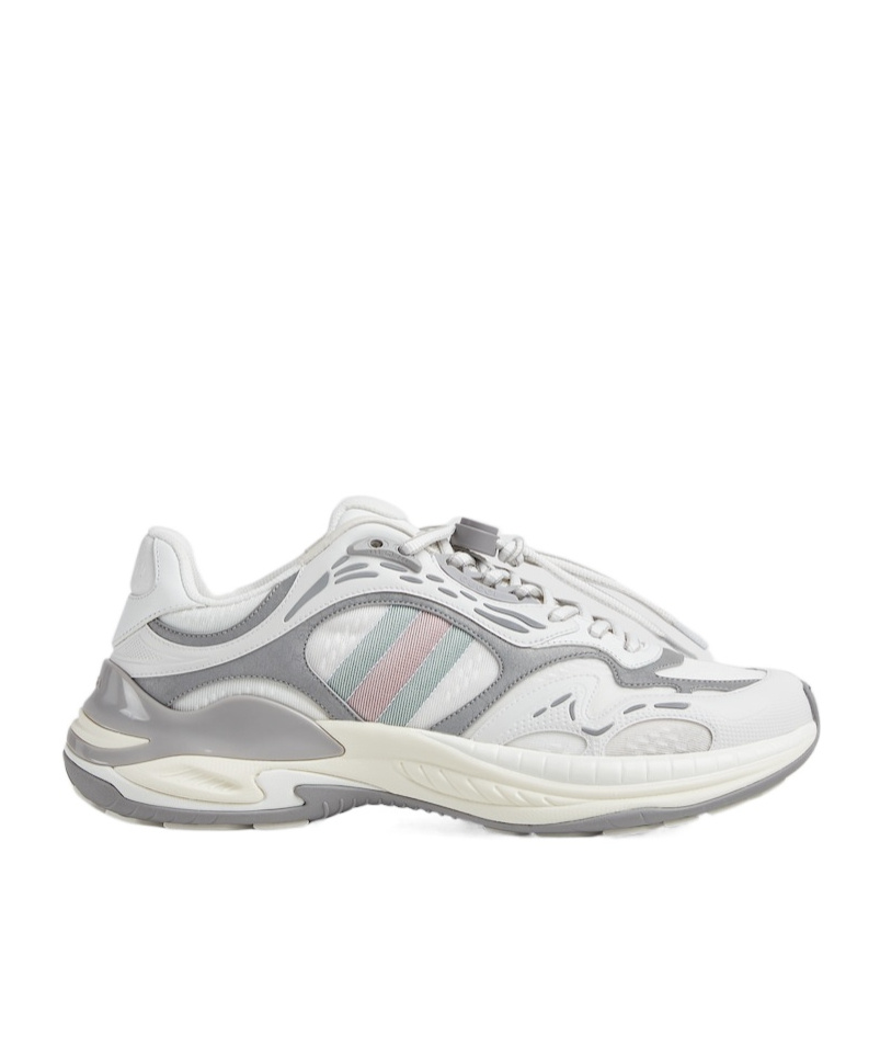 Gucci Leather Mesh Sneakers Featuring Signature Band In White And Gray