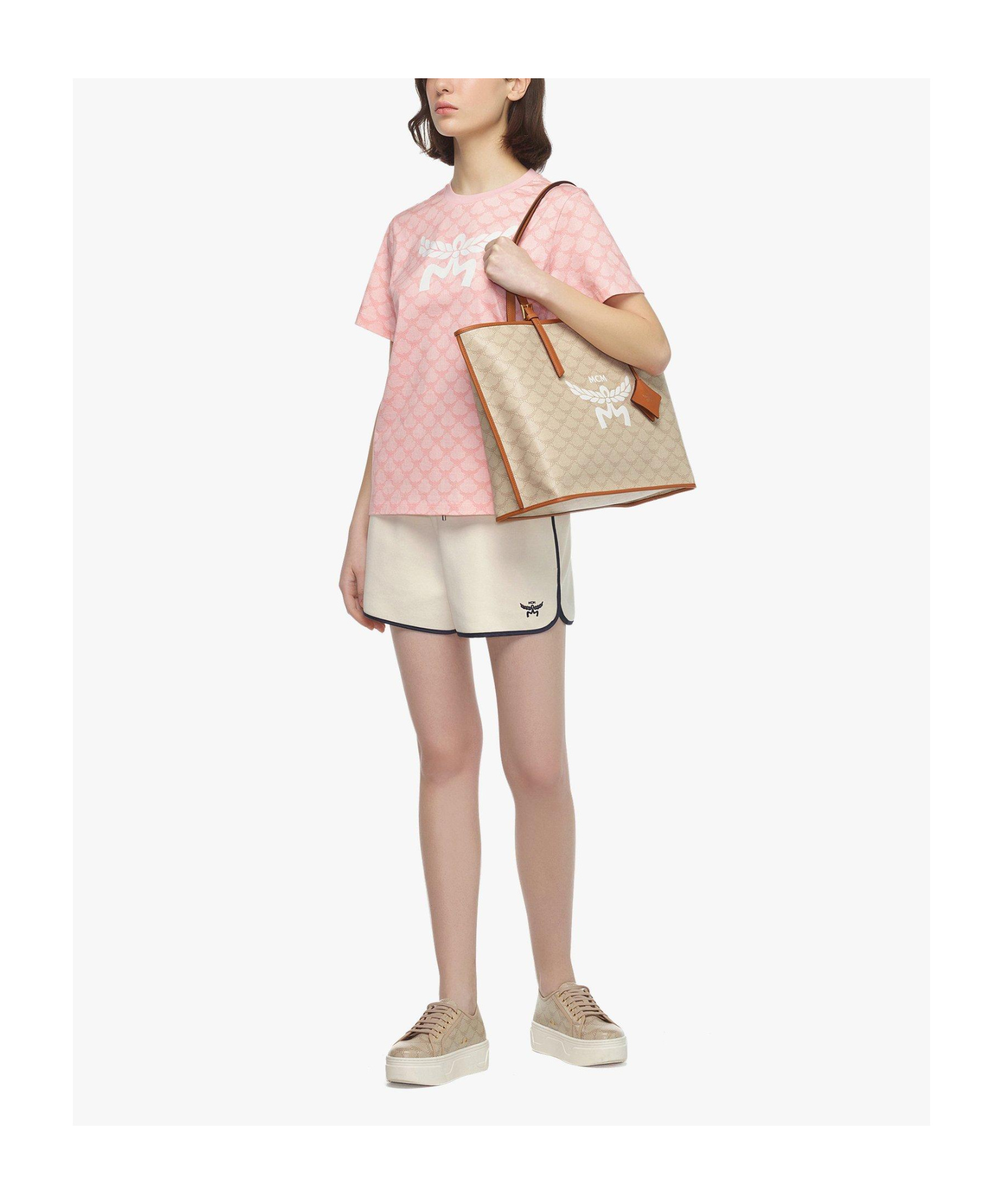 Mcm Medium Himmel Lauretos Logo Printed Tote Bag In Beige/oatmeal
