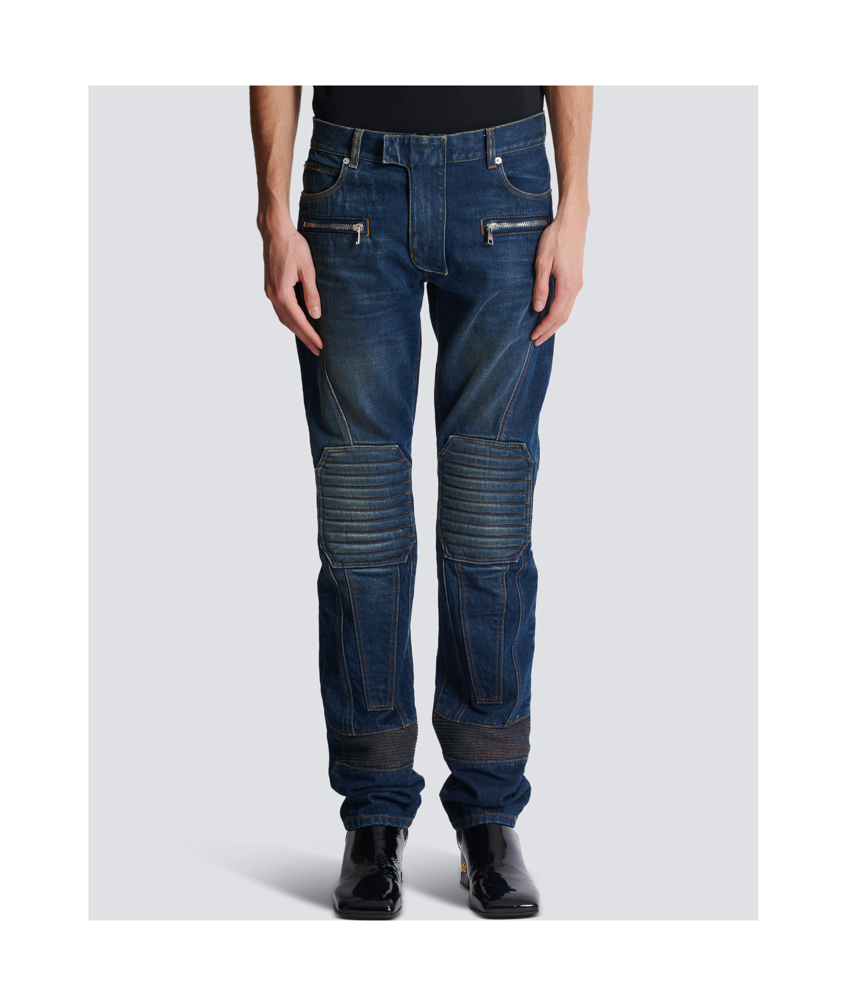 Balmain Denim Biker Jeans In Blue