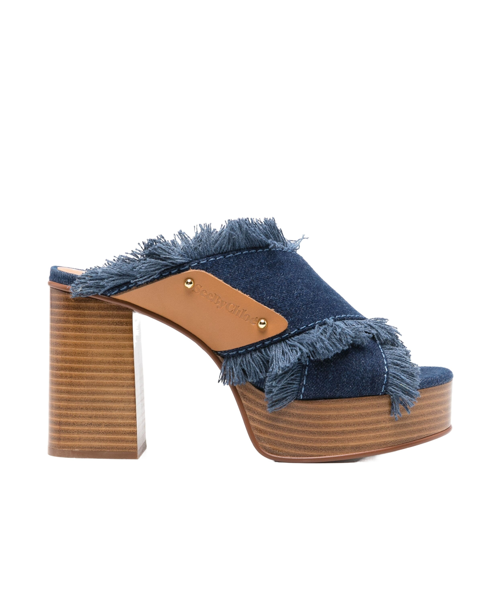SEE BY CHLOÉ 100MM FRAYED-DETAILING DENIM MULES 