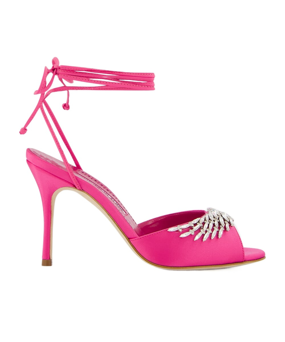 Manolo Blahnik Plumena Embellished Satin Sandals In Pink