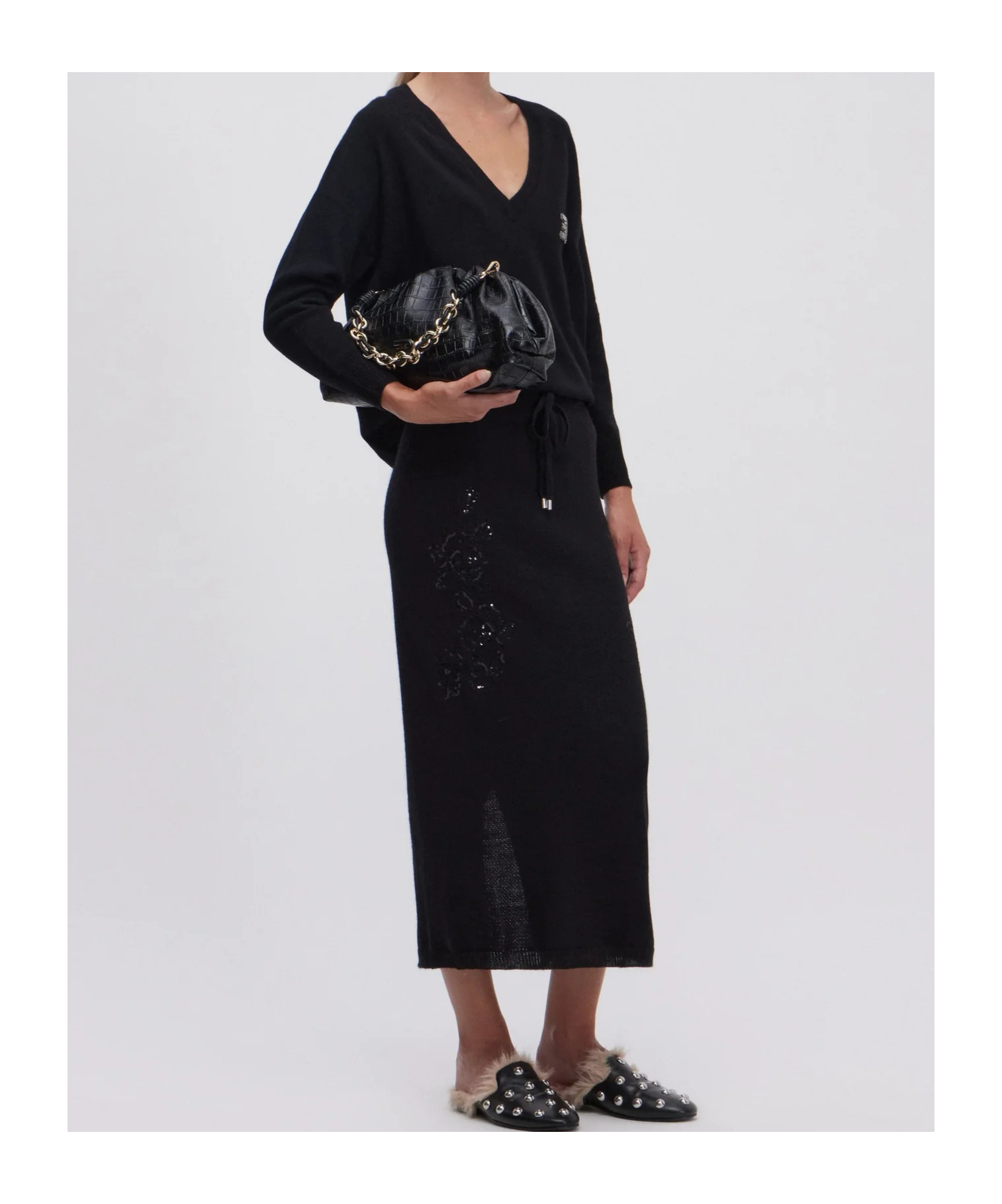 Ermanno Firenze Sequin Embroidered Knitted Midi Skirt In Black