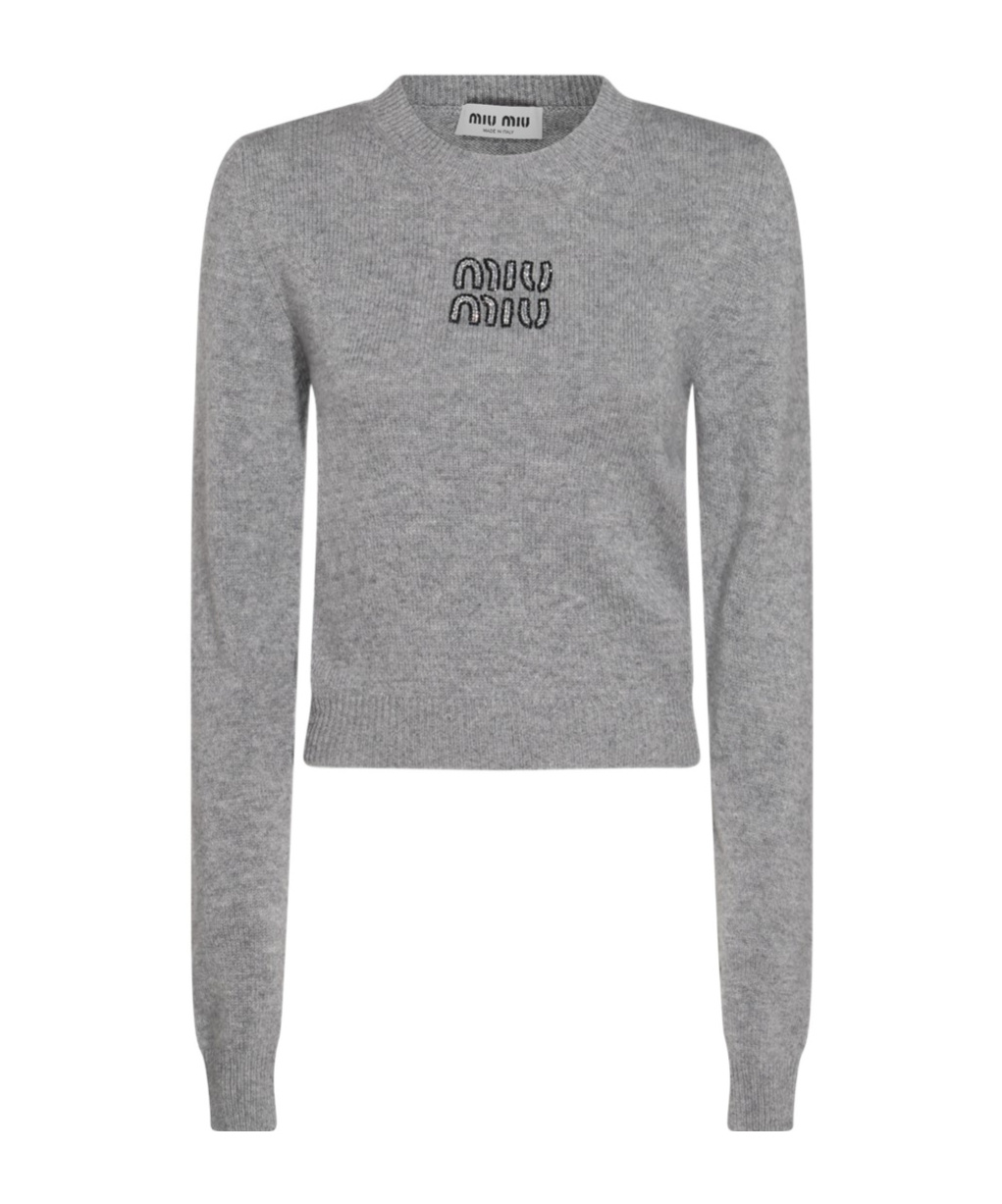 Miu Miu Embroidered-logo Knitted Jumper In Gray