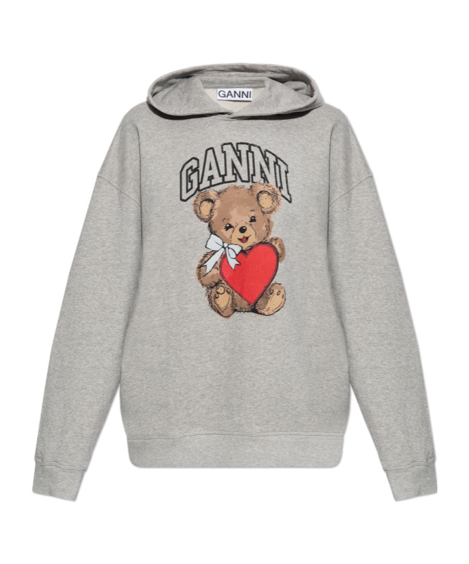 Ganni Bear Print Hooded Sweatshirt In Gray