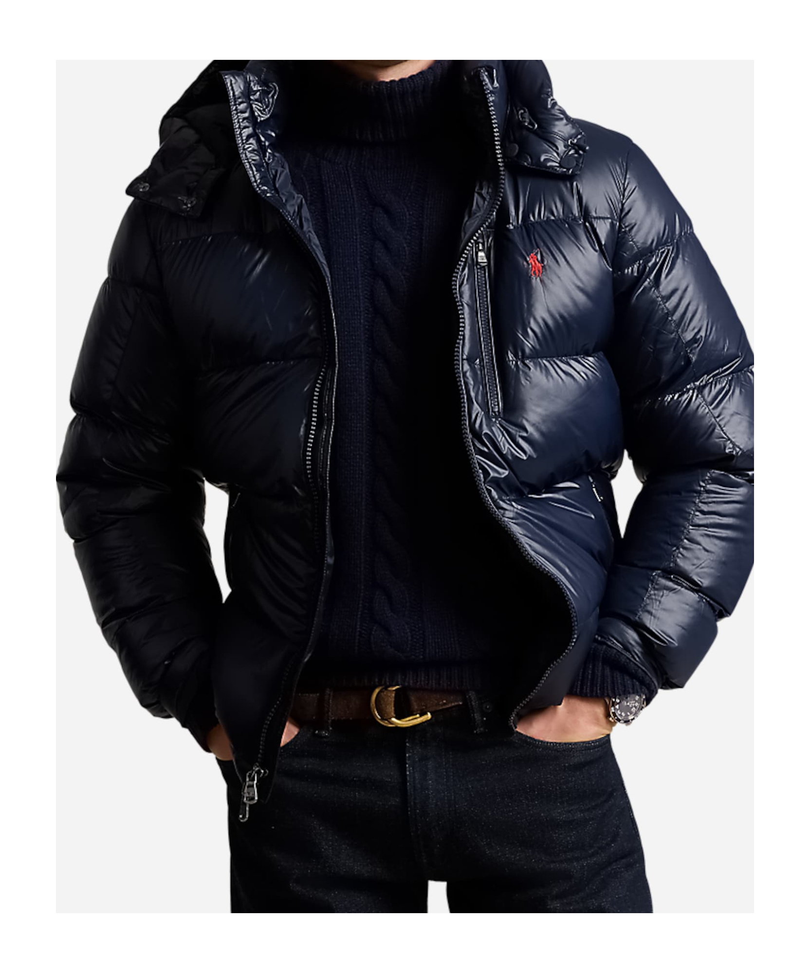 Polo Ralph Lauren Black Down Jacket With Patent Effect And Embroidered Pony Logo On Chest In Tech Fabric Man In Black
