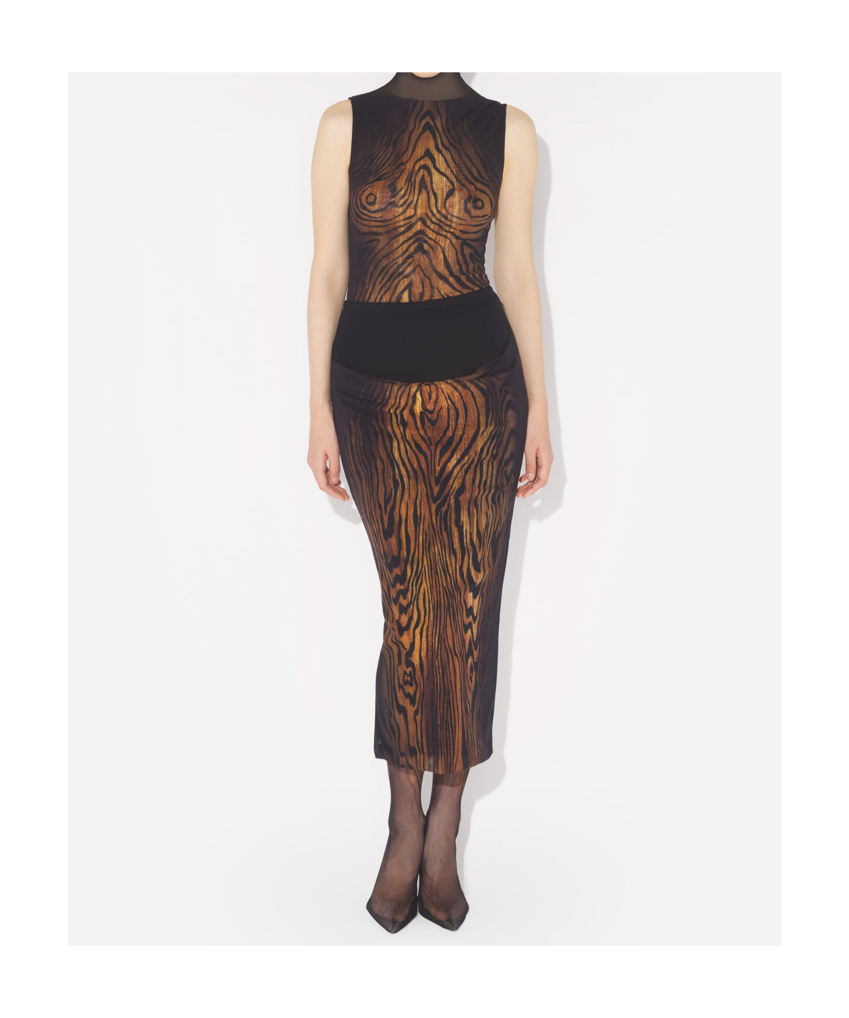 Jean Paul Gaultier Sleeveless Animal Print High Neck Sheer Top In Brown