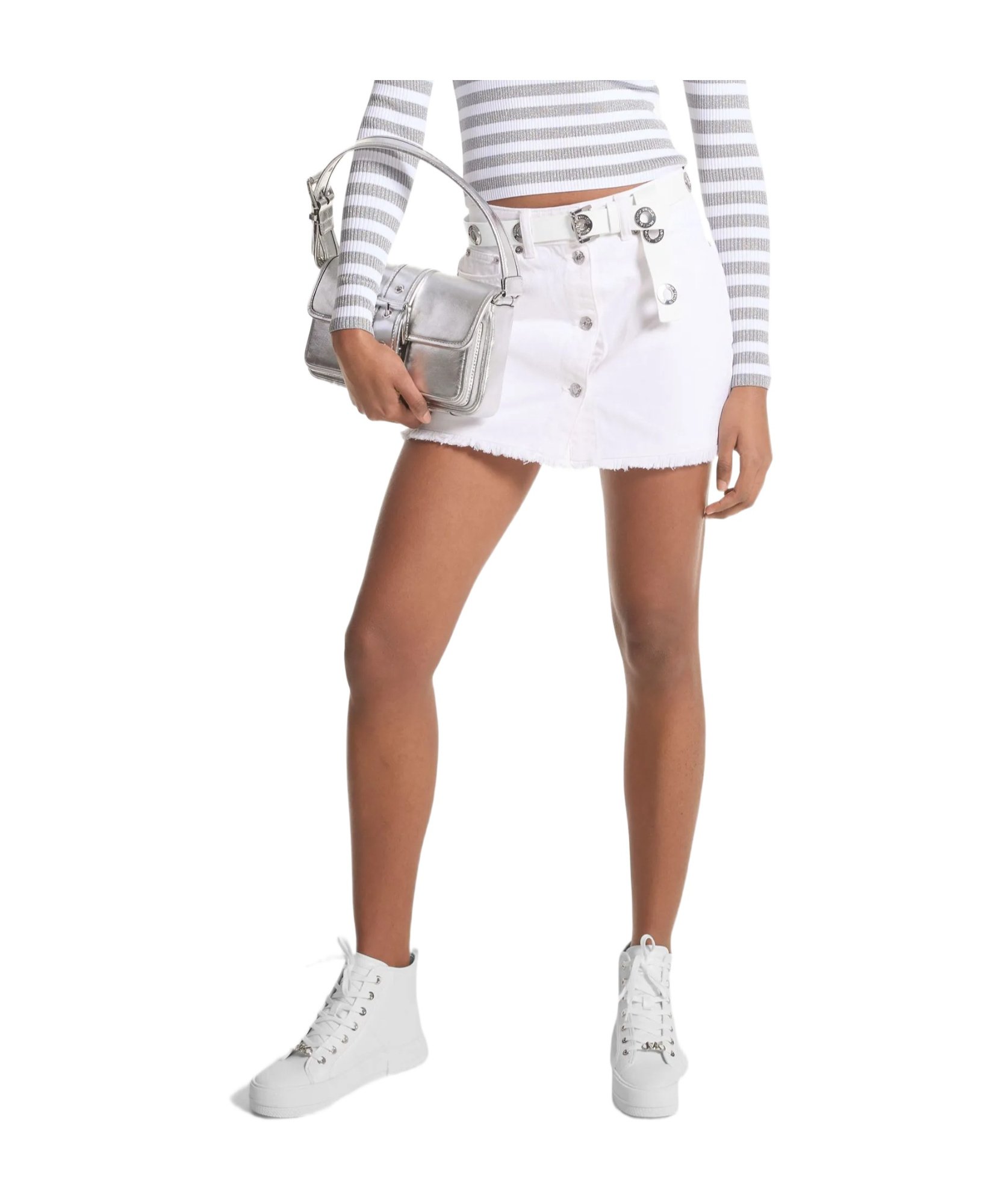 Shop Michael Kors Frayed Denim Mini Skirt In White
