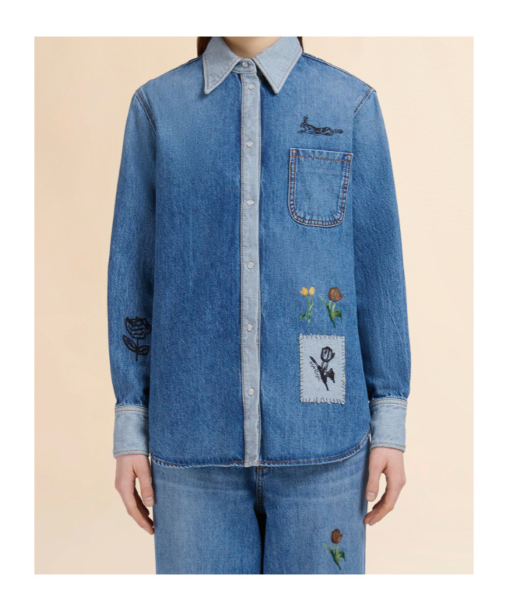 Marni Denim Shirt With Embroidered Floral Motifs In Blue