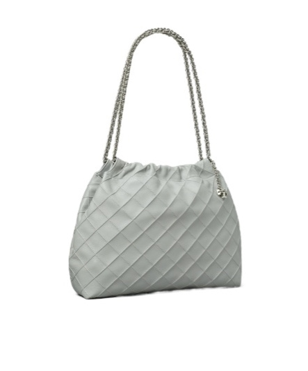 Tory Burch 'fleming' Grey Diamond Quilted Shoulder Bag With Chain-link Handles