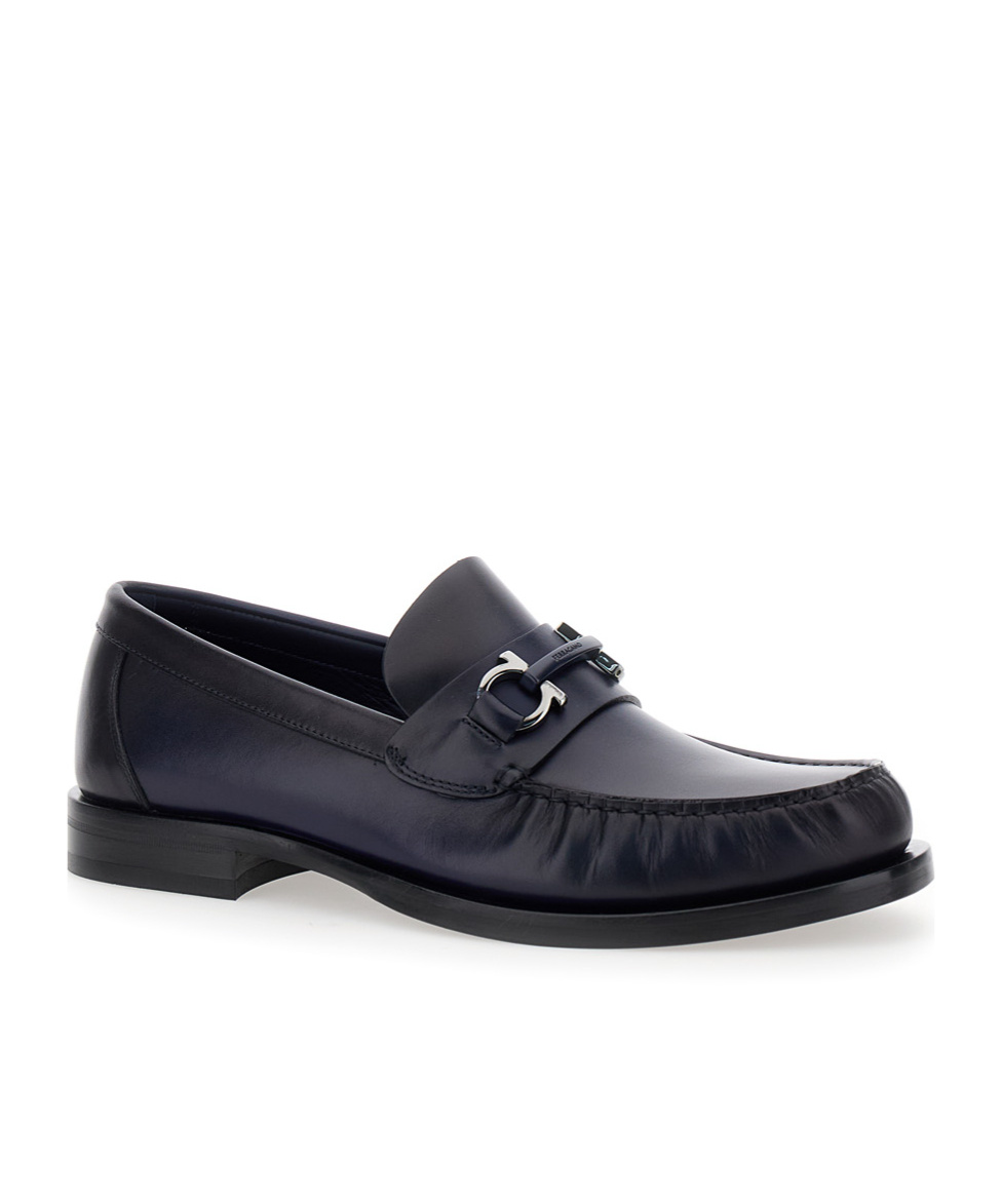 Ferragamo Men 'fort' Blue Slip-on Loafers With Gancini Detail In Brushed Leather Man In Black