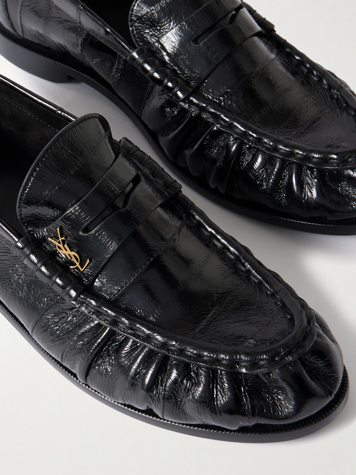 Saint Laurent Round Toe Leather Loafers With Textured Finish In Black
