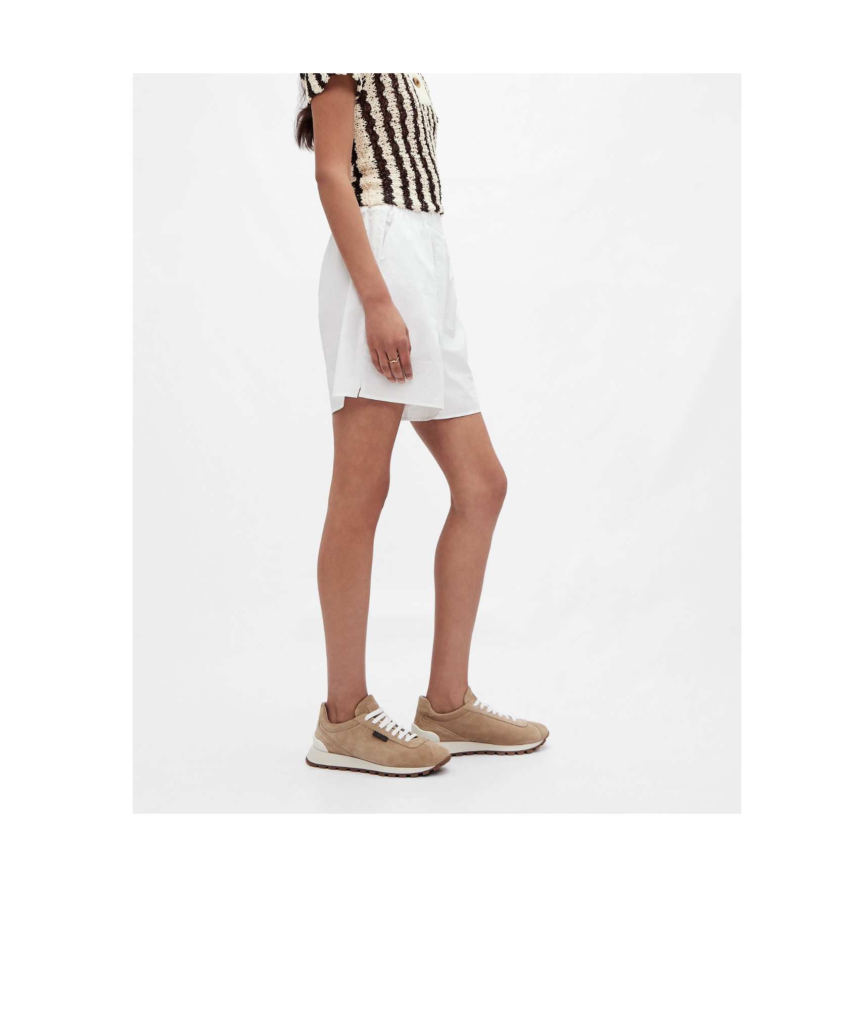 Brunello Cucinelli Beige Low Top Sneakers With Monil Detail On The Side And Embossed Logo Lettering On The Rear In Brown