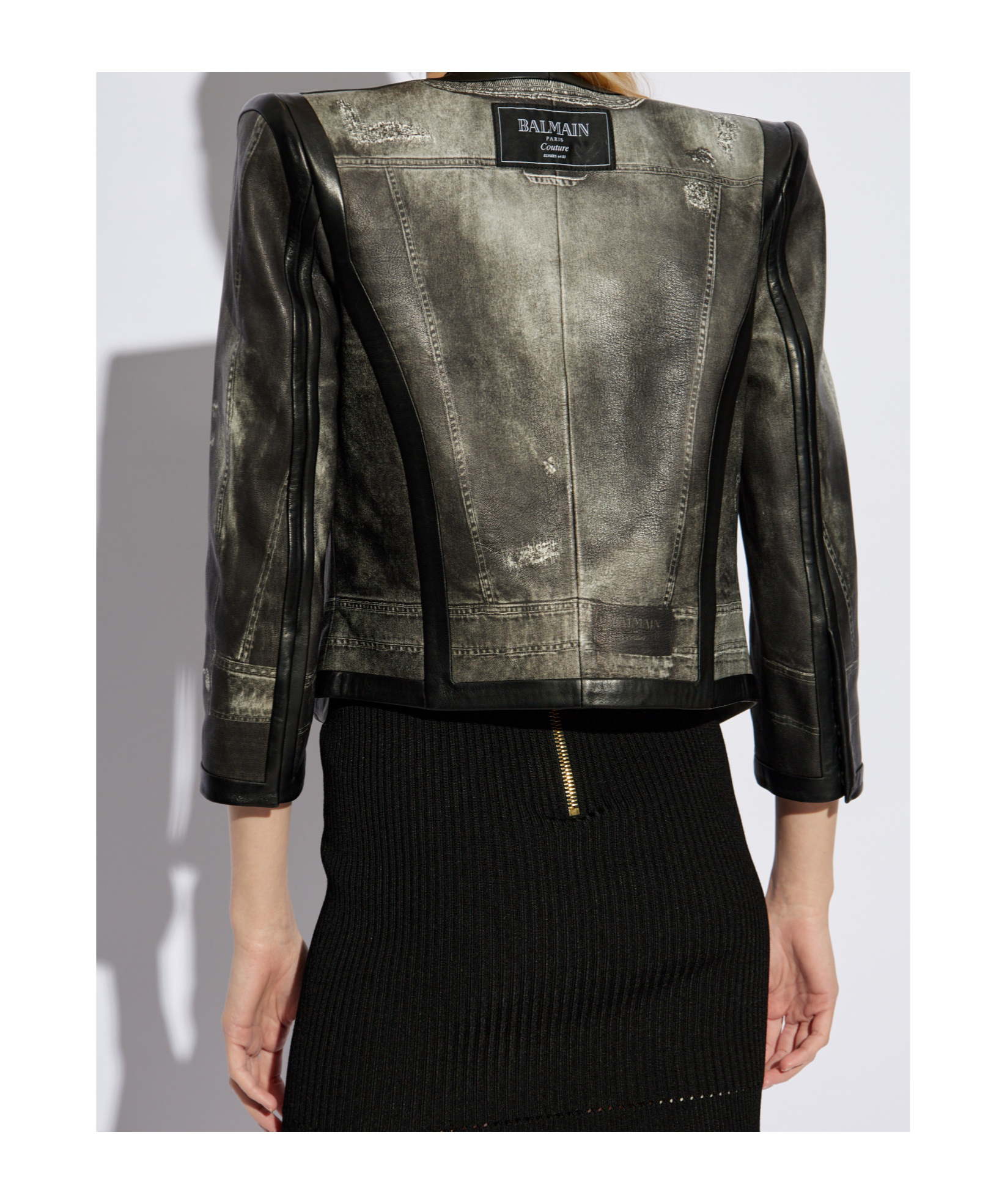 Balmain Denim-print Leather Jacket In Black