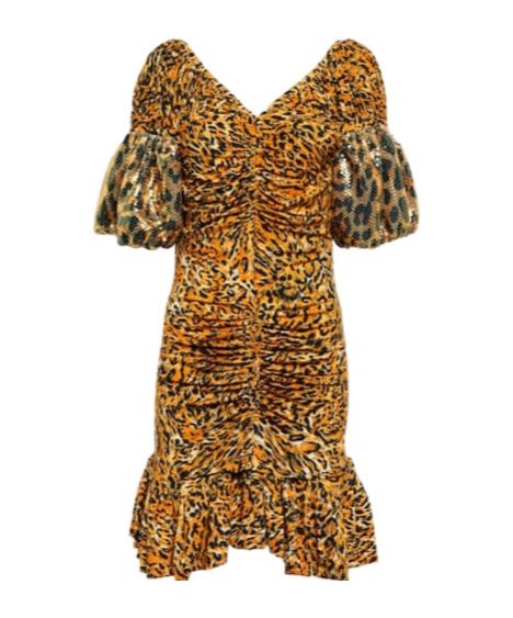 Rabanne Embellished Animal-print Ruched Minidress In Yellow