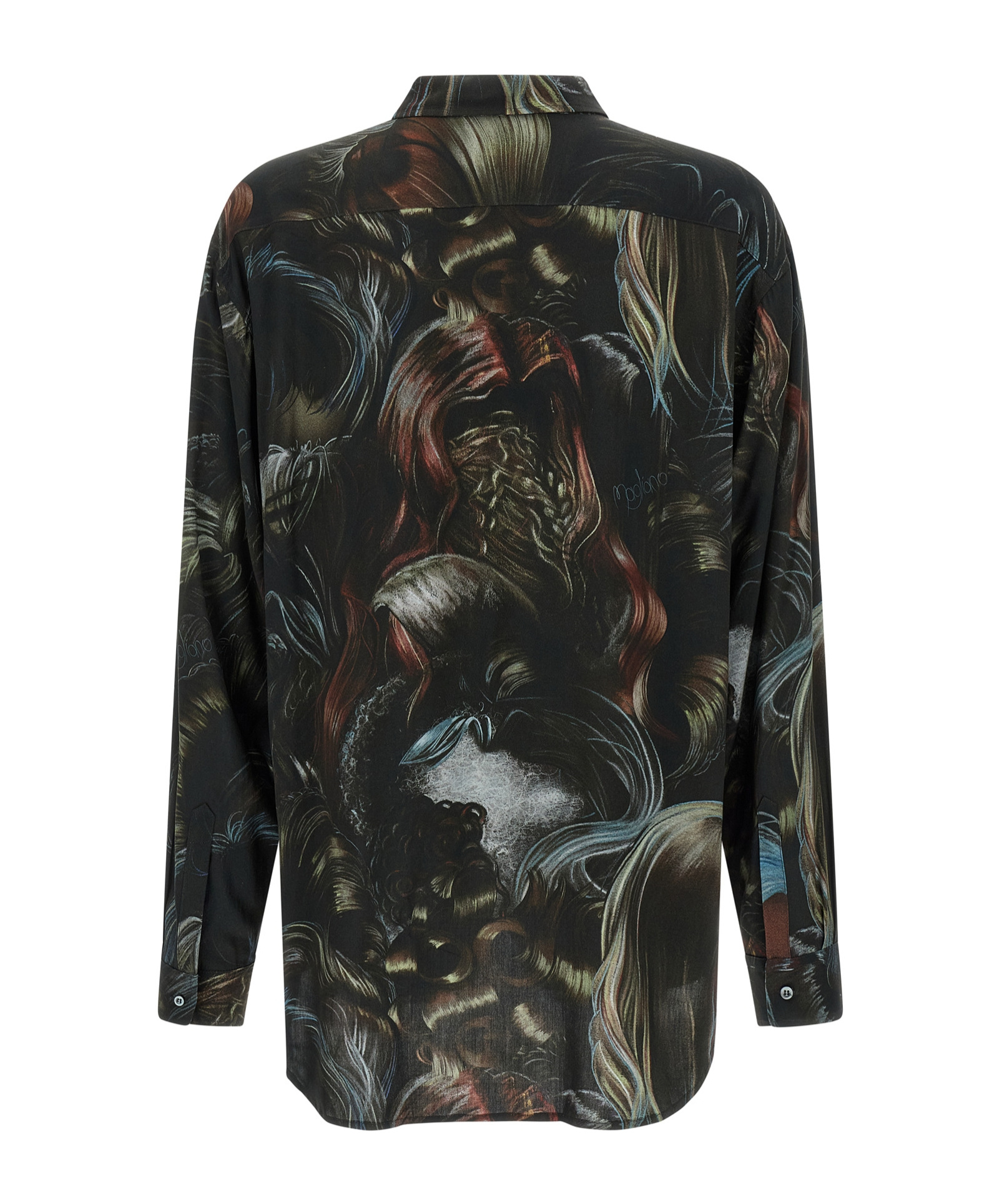 Magliano Wig Motif All-over Print Shirt With Asymmetric Hem In Black