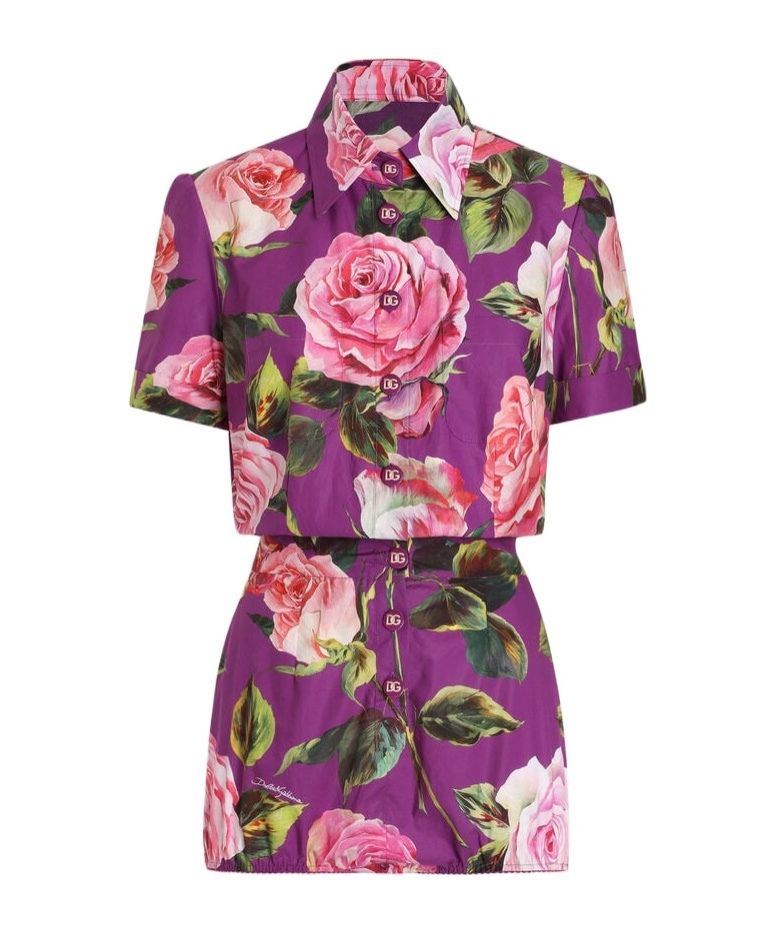 Dolce & Gabbana Cotton Playsuit With Rose Print In Multicolor