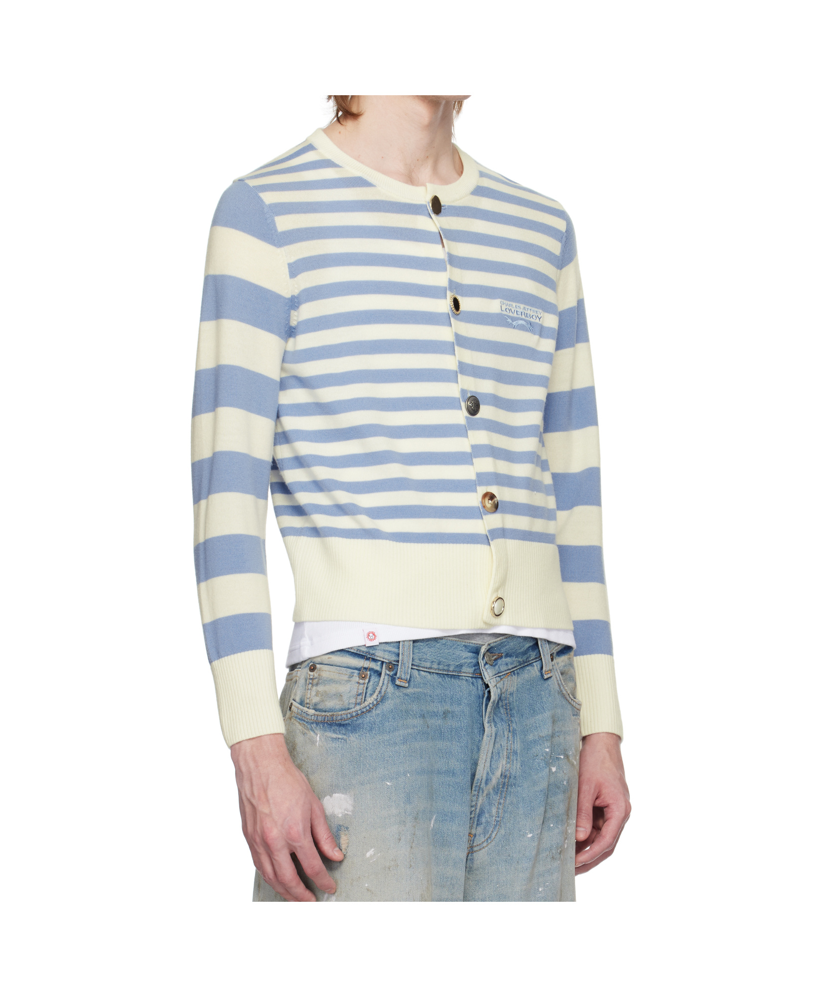 Charles Jeffrrey Loverboy Button Down Cardigan In Blue Stripes