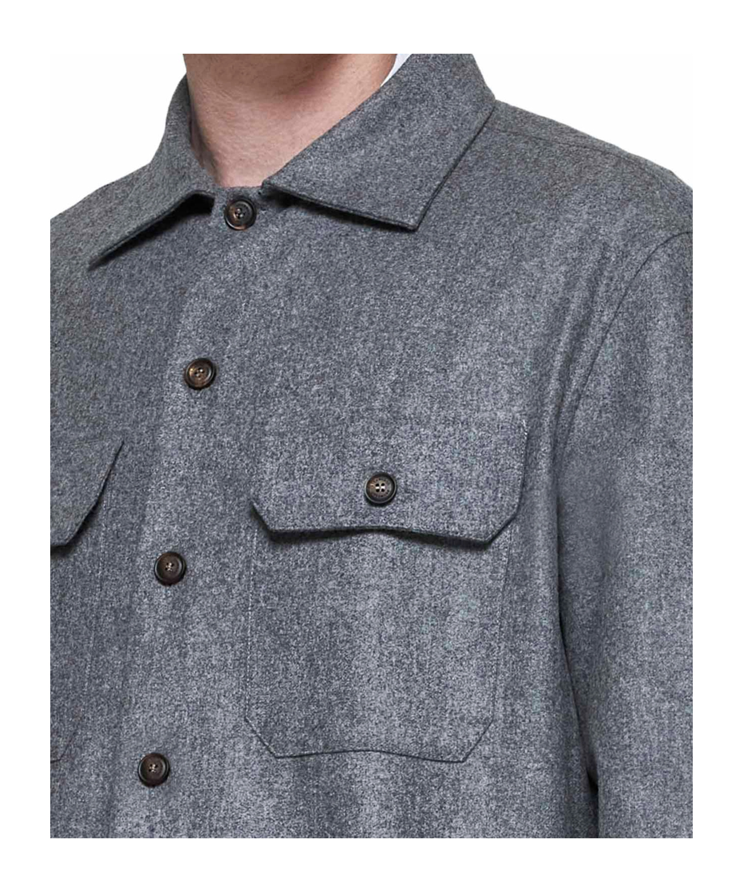 Brunello Cucinelli Wool Shirt With Straight Hem And Buttoned Hems In Gray