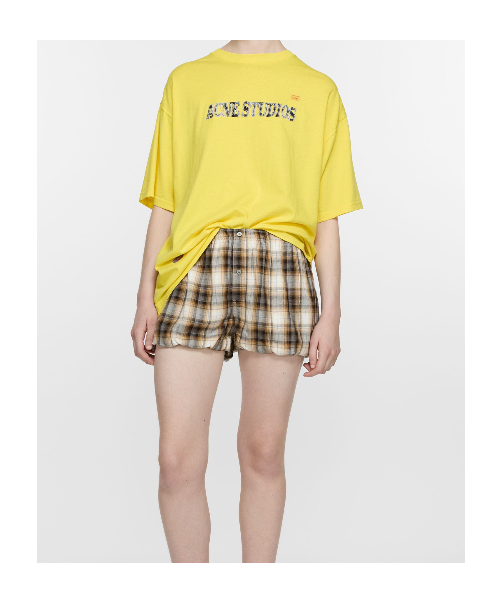 Acne Studios Womens Check-print Relaxed-fit Woven Shorts Beige Black