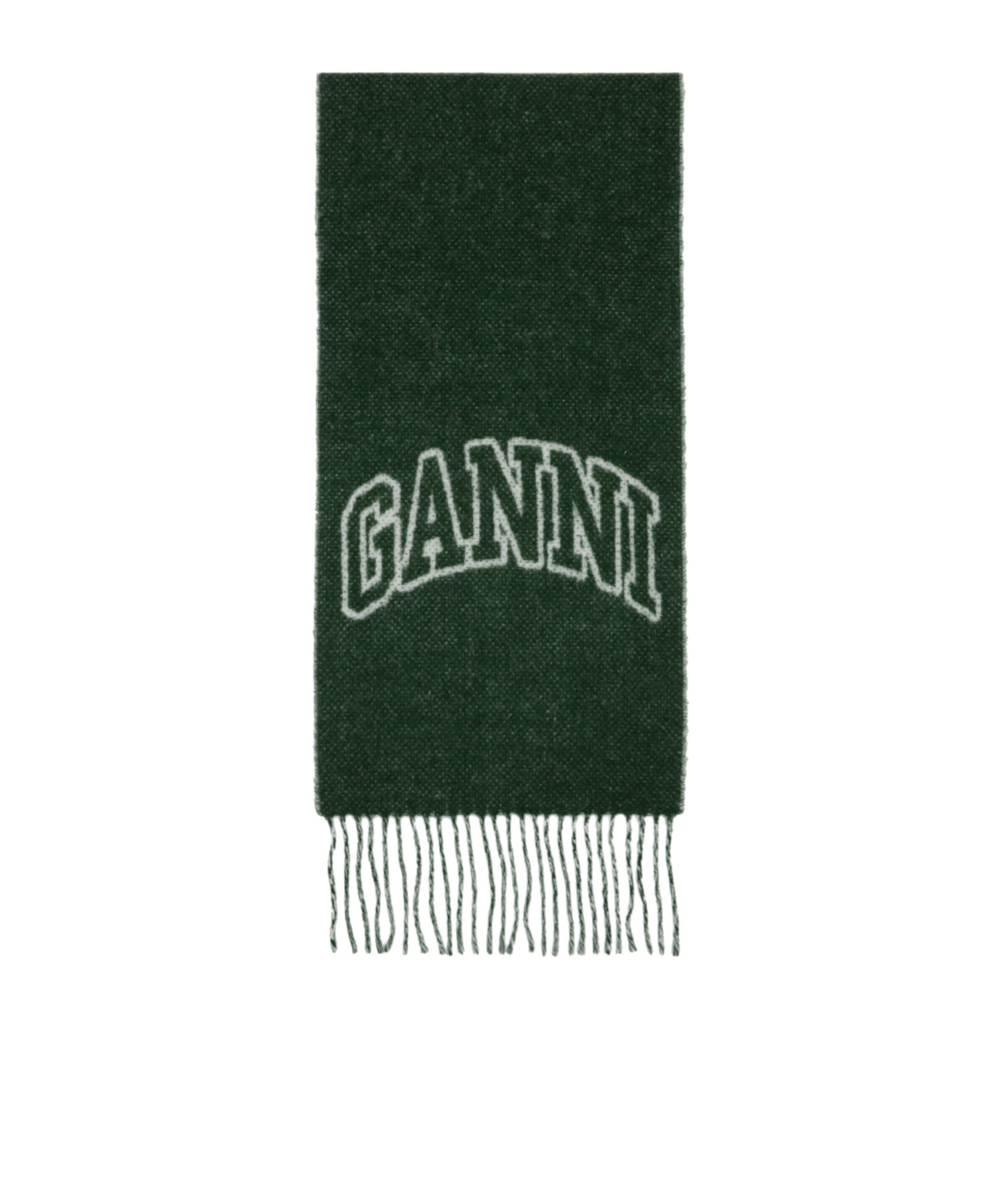 Ganni Green Fringed Wool Scarf In Black