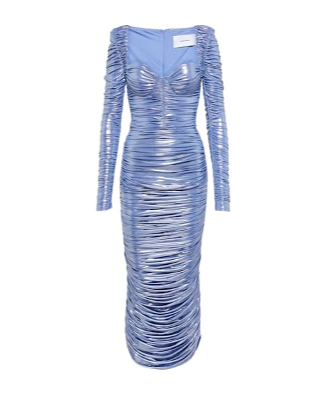 Alex Perry Ruched Lamé Midi Dress In Blue