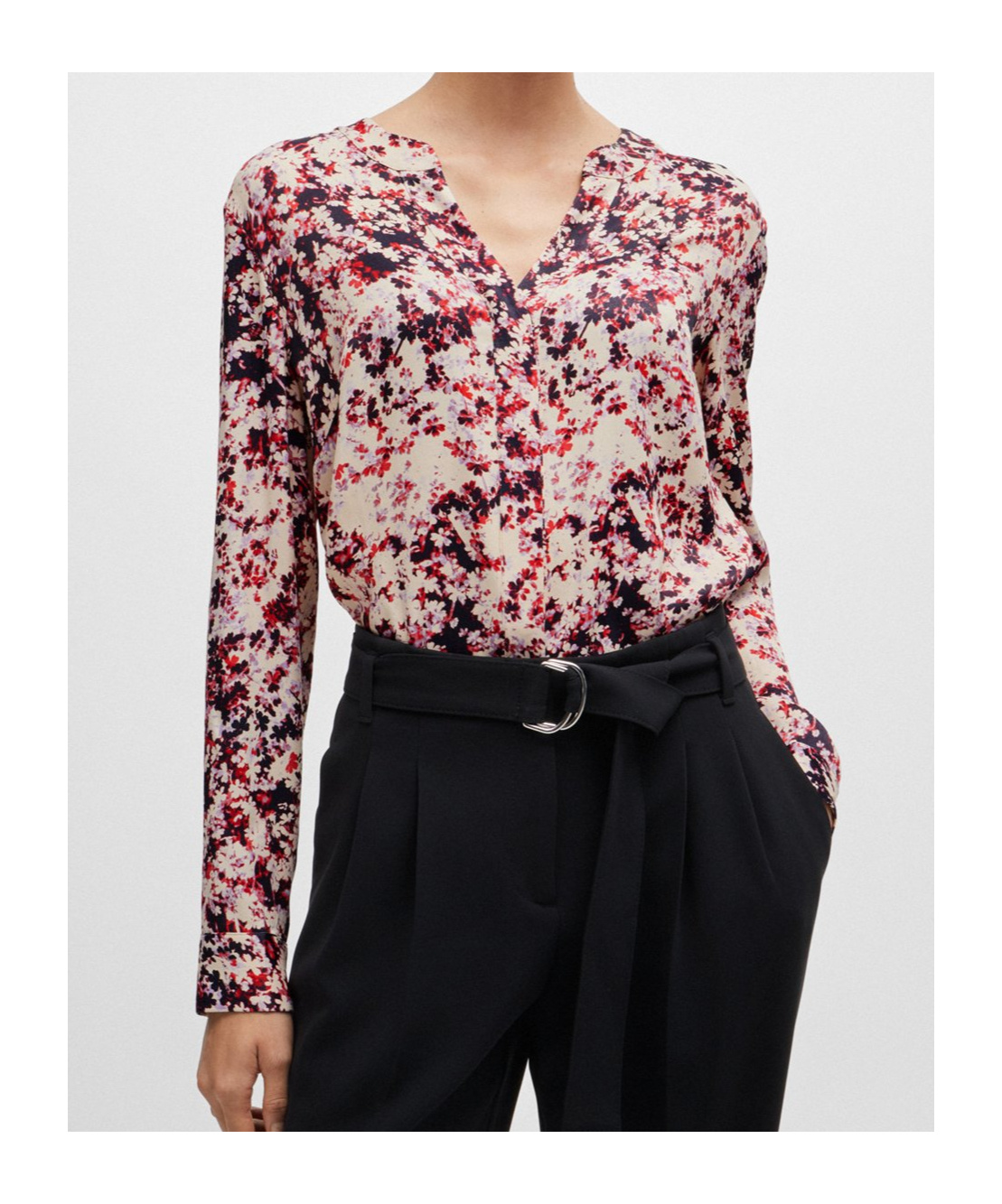 Hugo Boss Floral-print Blouse In Satin With Notch Neckline In Nude