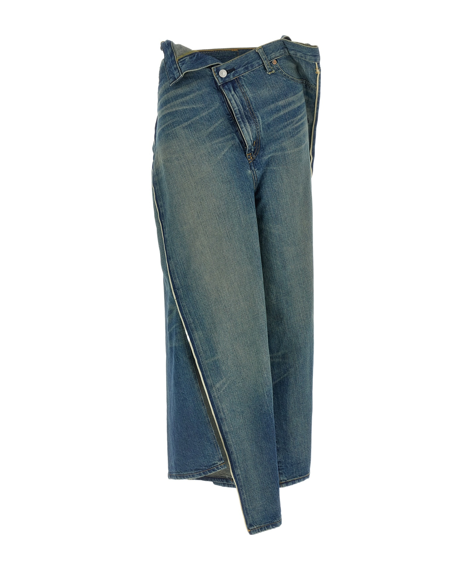 Junya Watanabe Asymmetric Stonewashed Denim Wide Leg Jeans In Multi