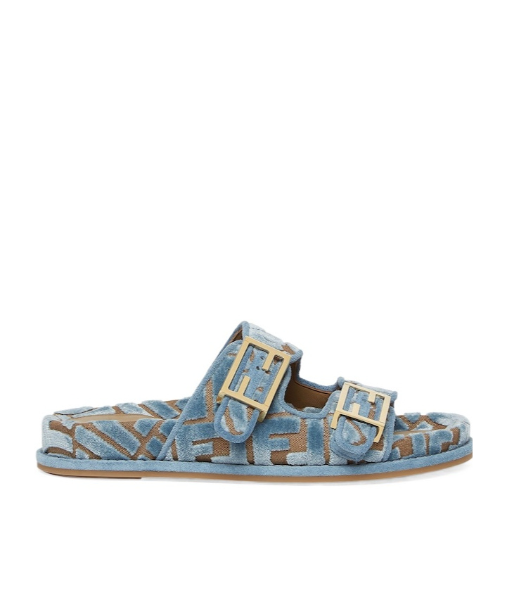 Fendi Light Blue Ff Jacquard Velvet Slides In Gray