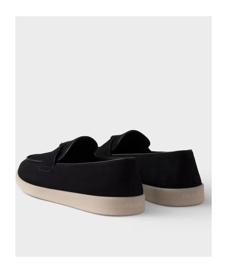Prada Almond Toe Suede Loafers With Rubber Sole In Black