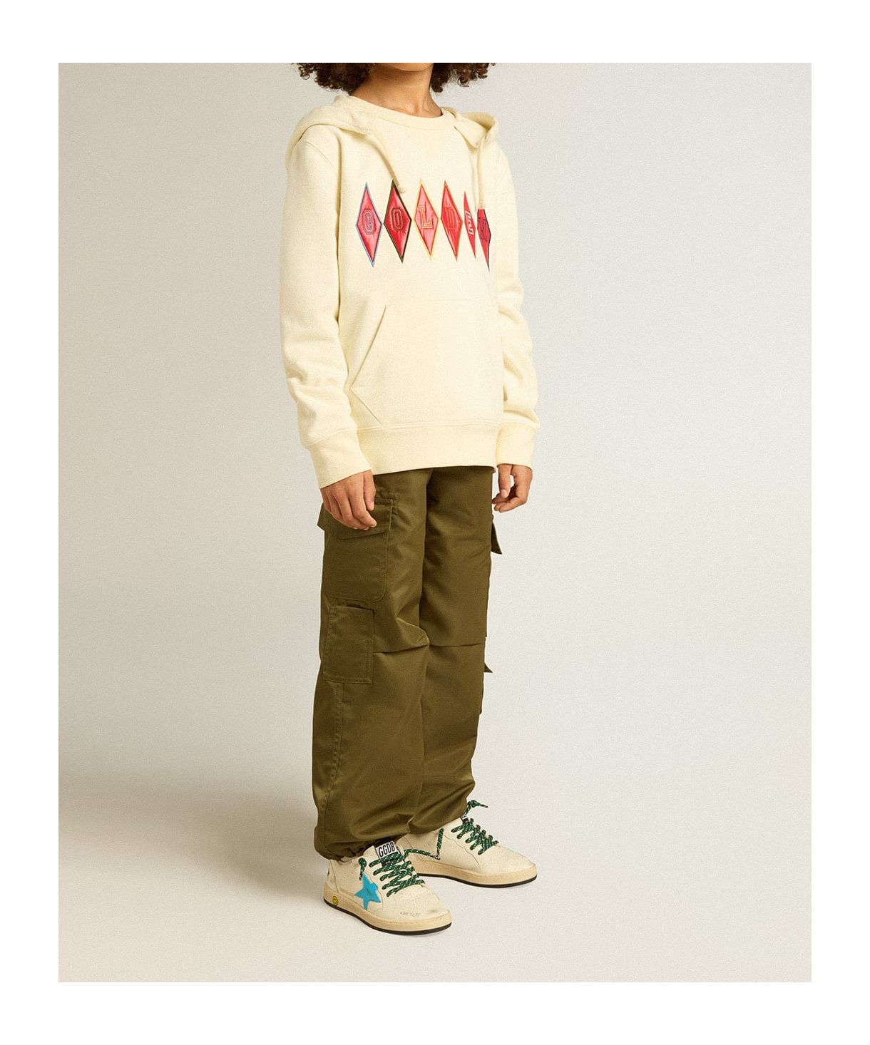 GOLDEN GOOSE HOODED SWEATSHIRT IN WORN WHITE WITH GOLDEN EMBROIDERY ON THE FRONT