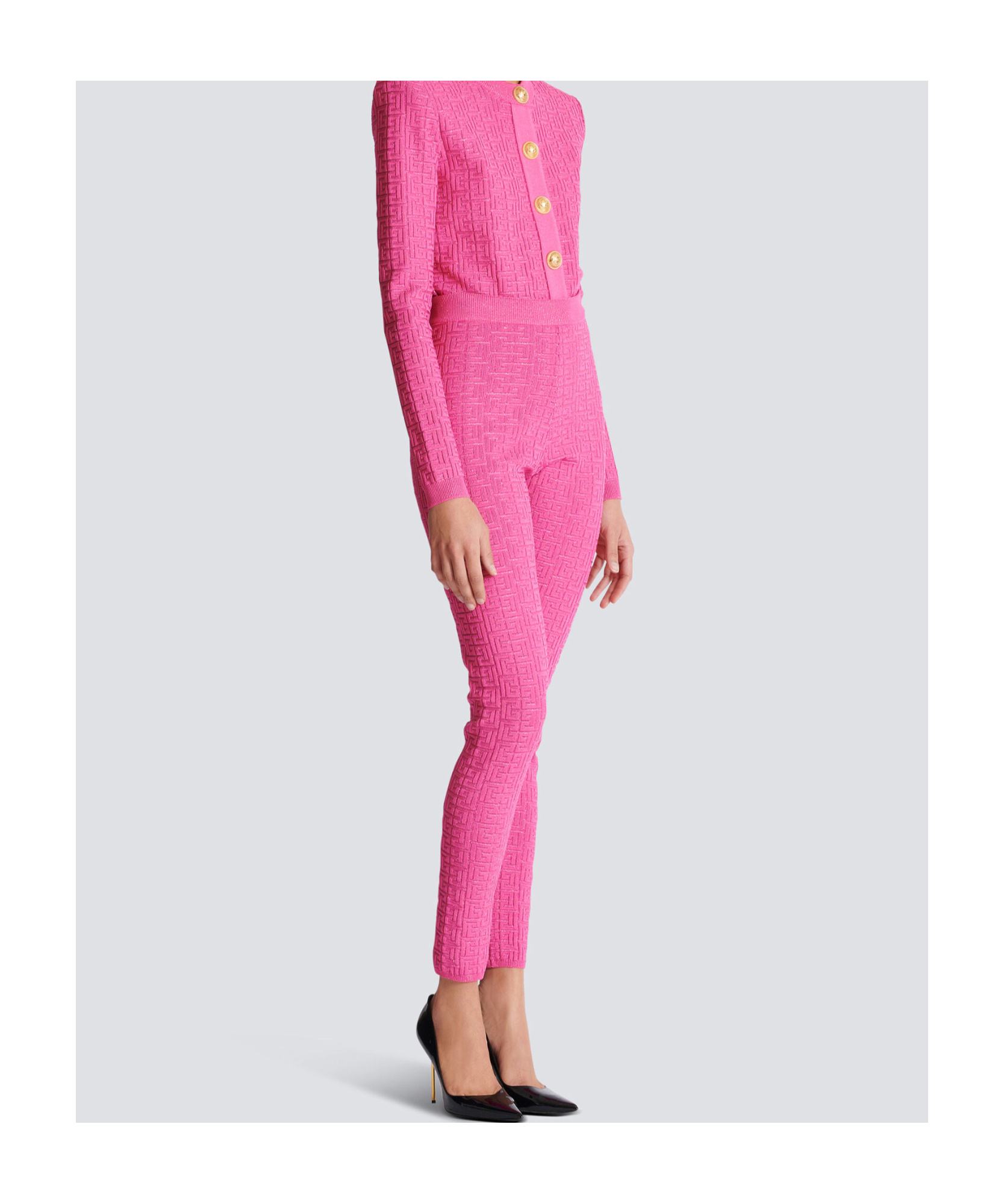 Balmain Knit Leggings With Monogram In Pink