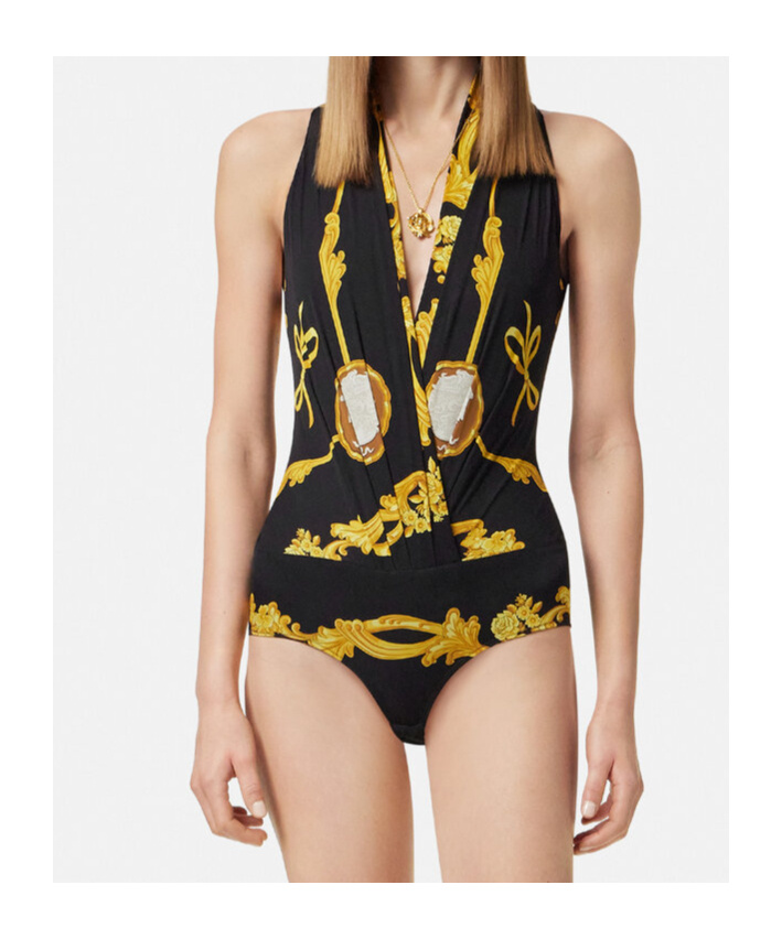 Versace Barocco-printed V-neck Bodysuit In Black