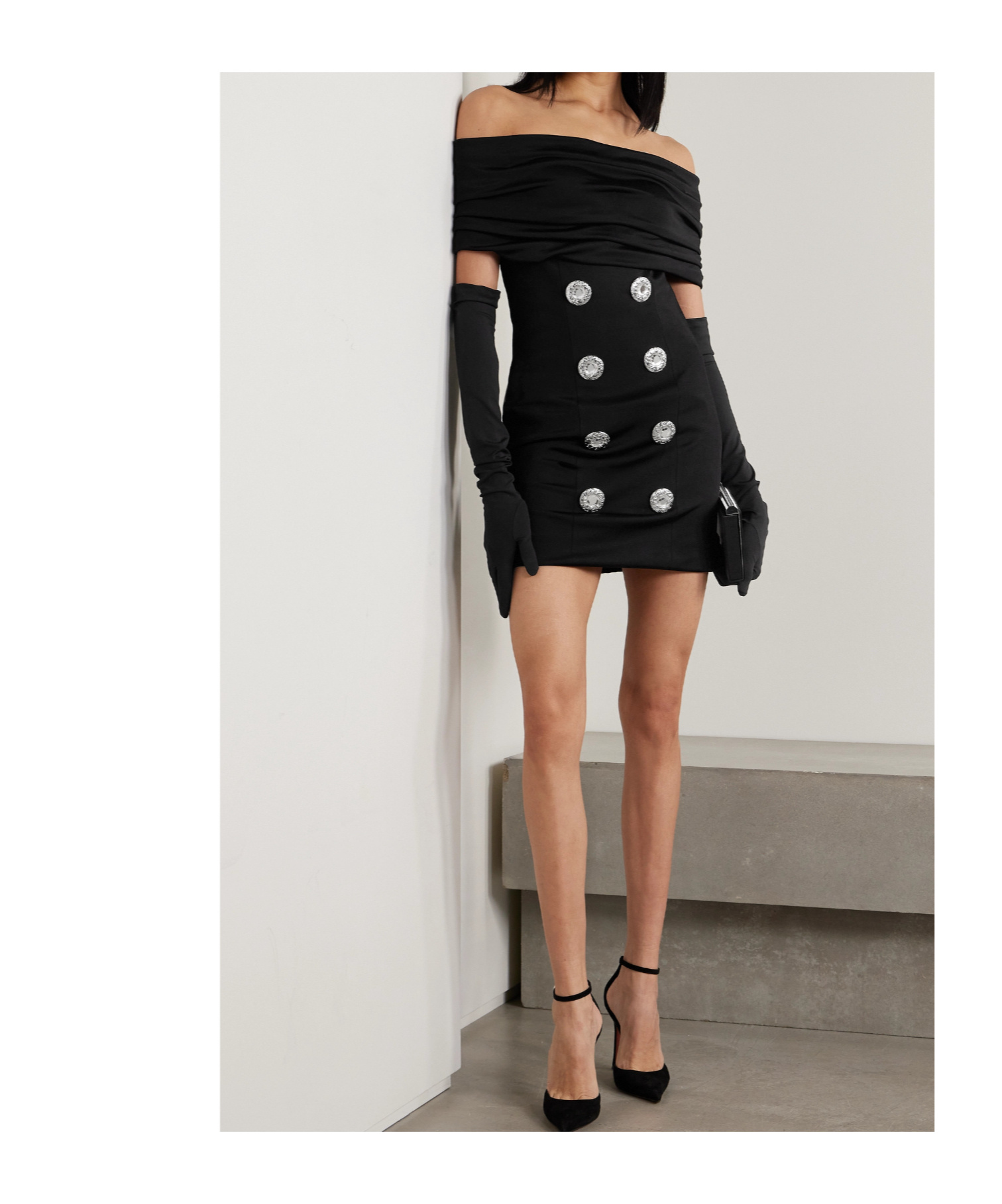 Balmain Off-the-shoulder Embellished Ruched Jersey And Cady Mini Dress In Black