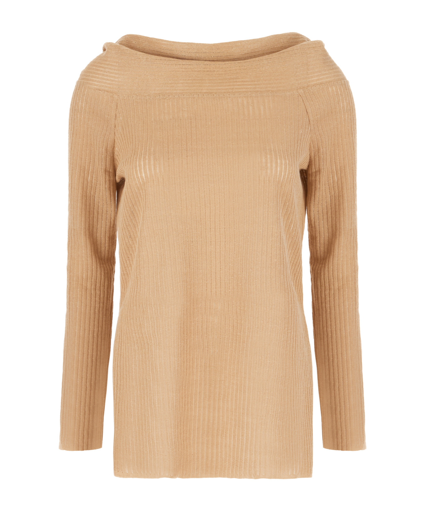 Alberta Ferretti Ribbed Texture Off-the-shoulder Knit Sweater In Nude