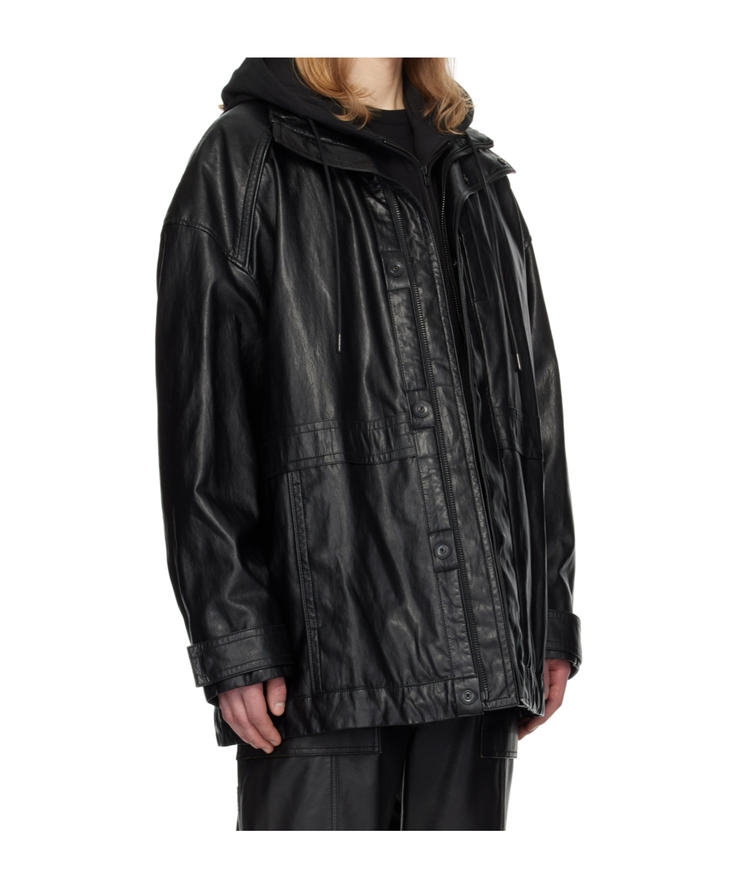 Juunj Hood Detachable Car Faux-leather Coat In Black