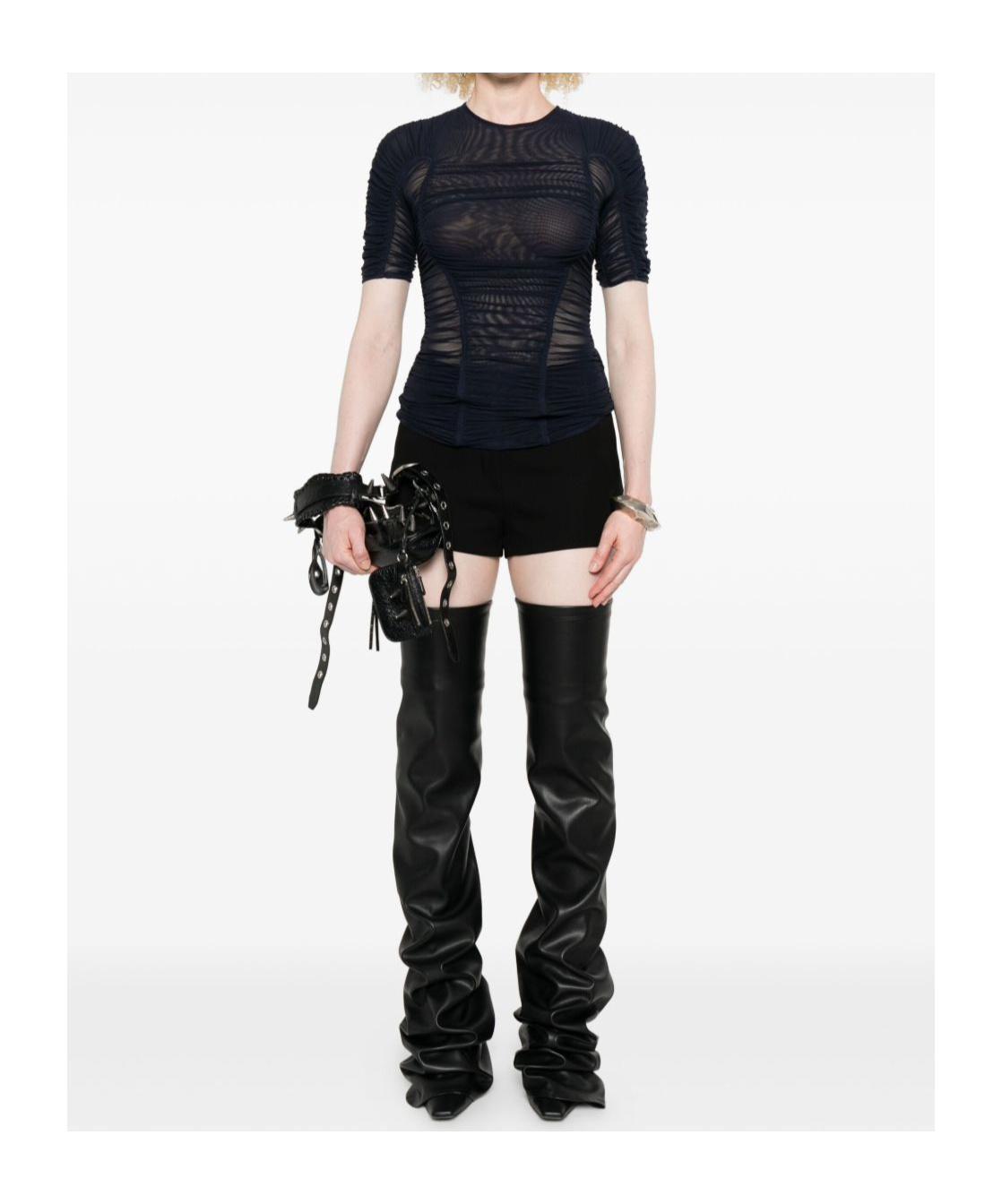 Mugler Crew Neck Mesh Top With Ruched Detailing In Blue