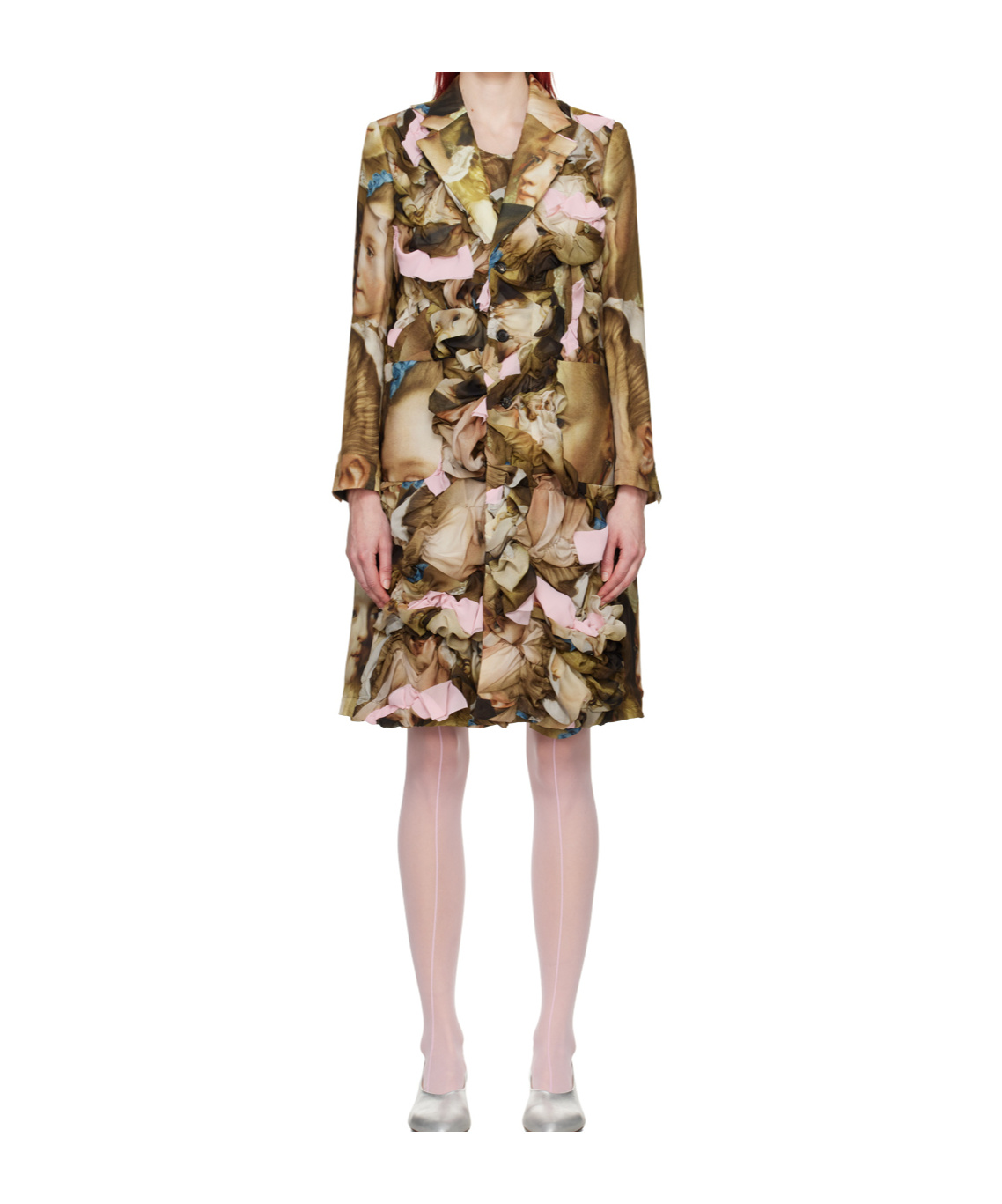 Comme Des Garçons Renaissance-print Ruched Midi Coat In Brown