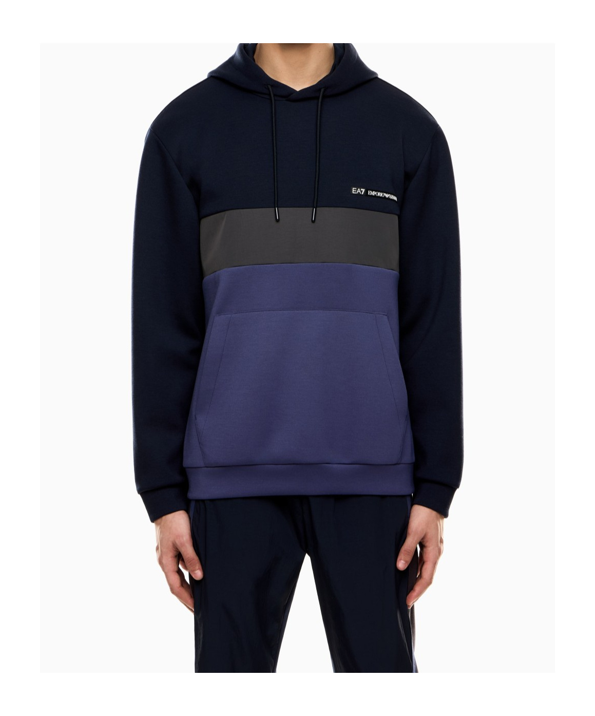 Ea7 Athletic Colour Block Hooded Sweatshirt In Nylon And Viscose Blend In Blue