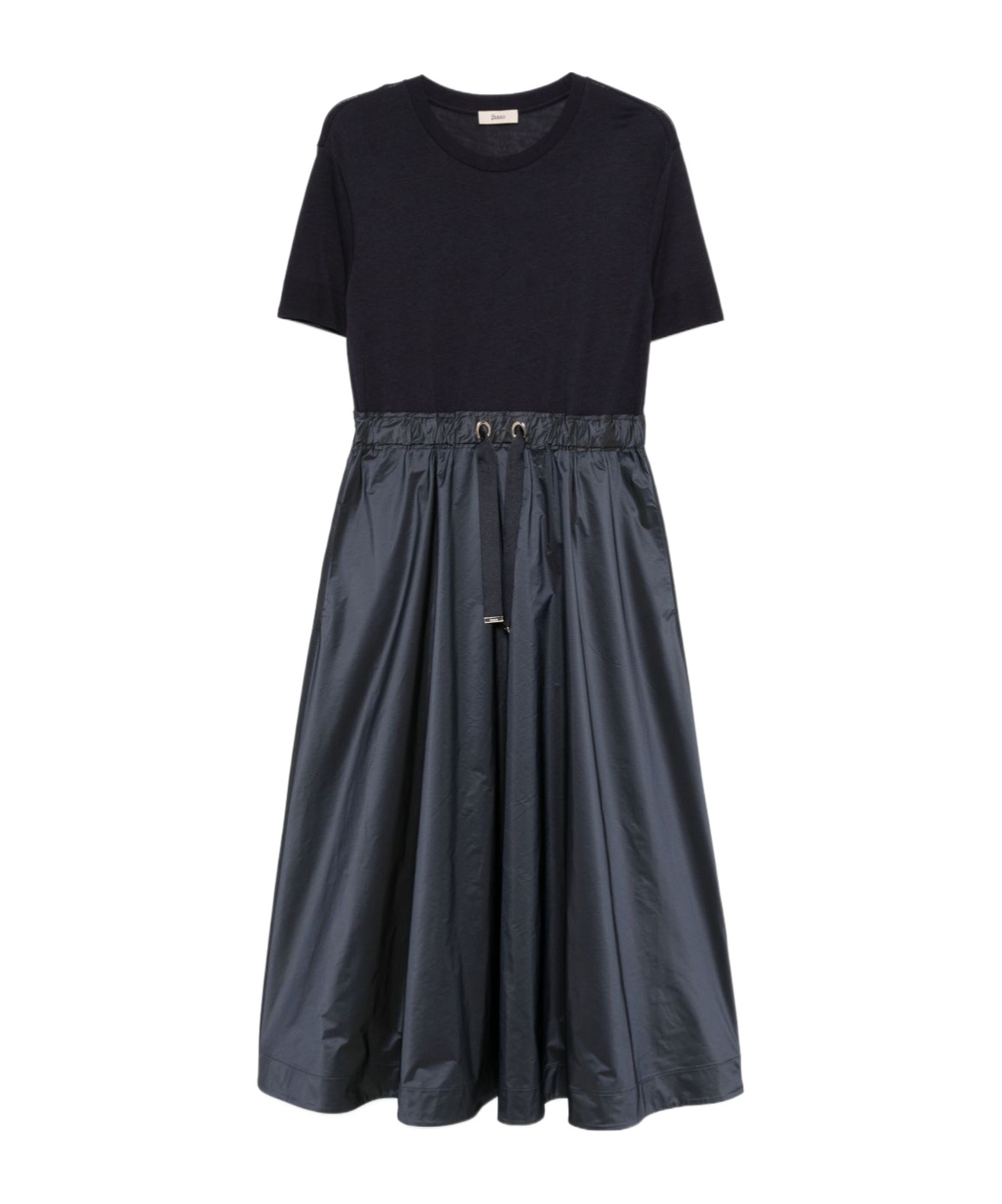 Herno Blue Crewneck Midi Dress With Elastic Drawstring Waist And Panelled Design