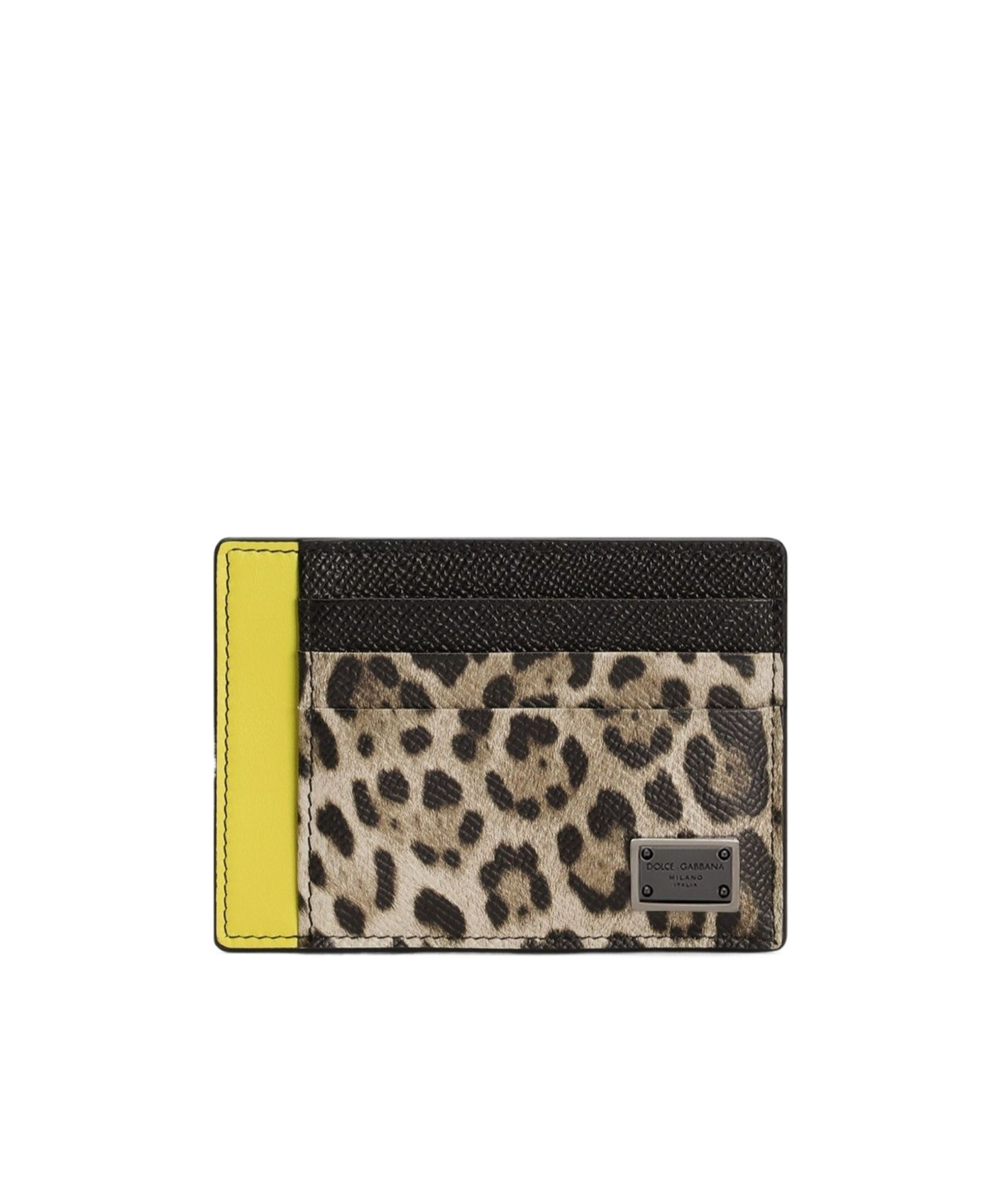 Dolce & Gabbana Leopard Print Card Holder With Logo Plaque And Yellow Accent In Black