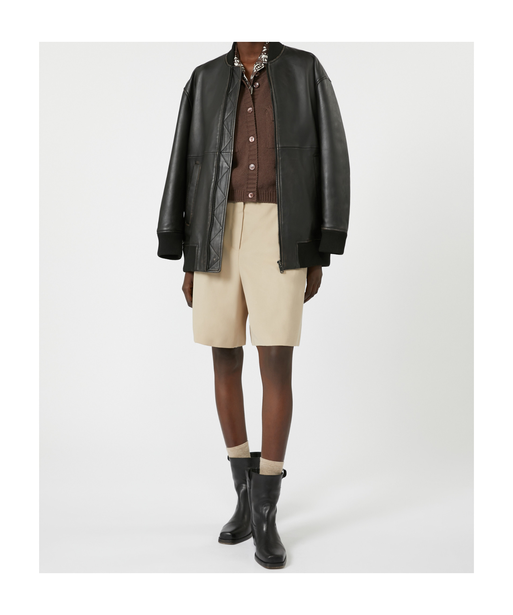 Max Mara Long Nappa Leather Bomber Jacket In Black
