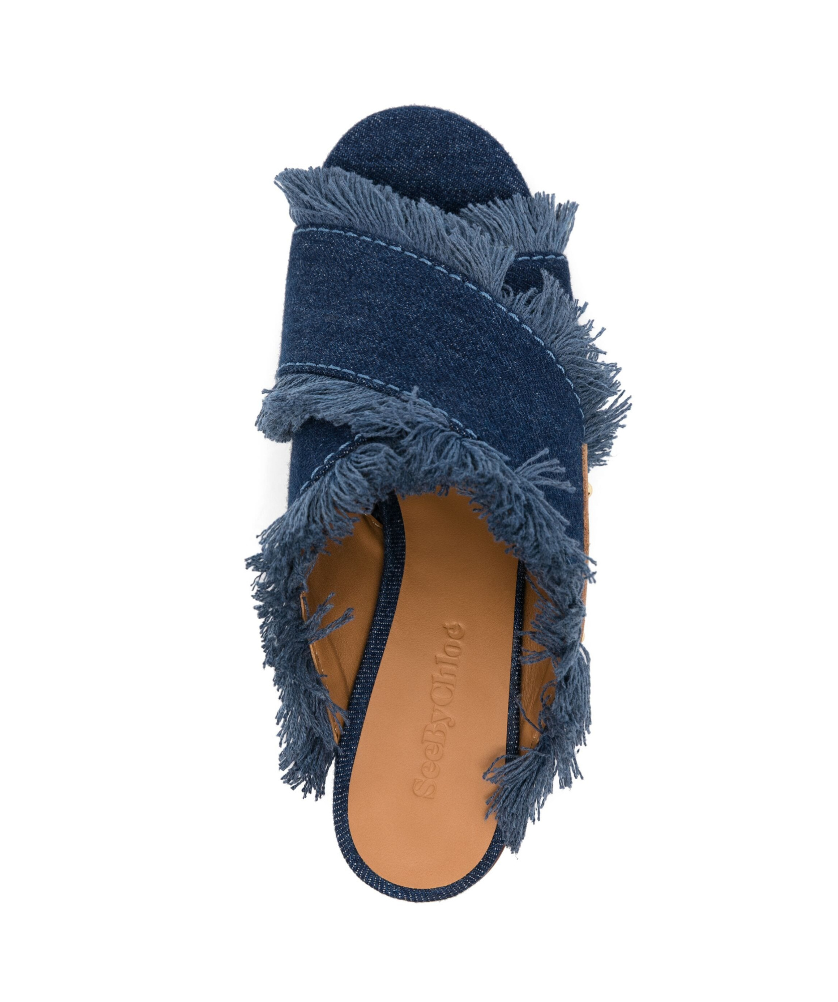 SEE BY CHLOÉ 100MM FRAYED-DETAILING DENIM MULES 