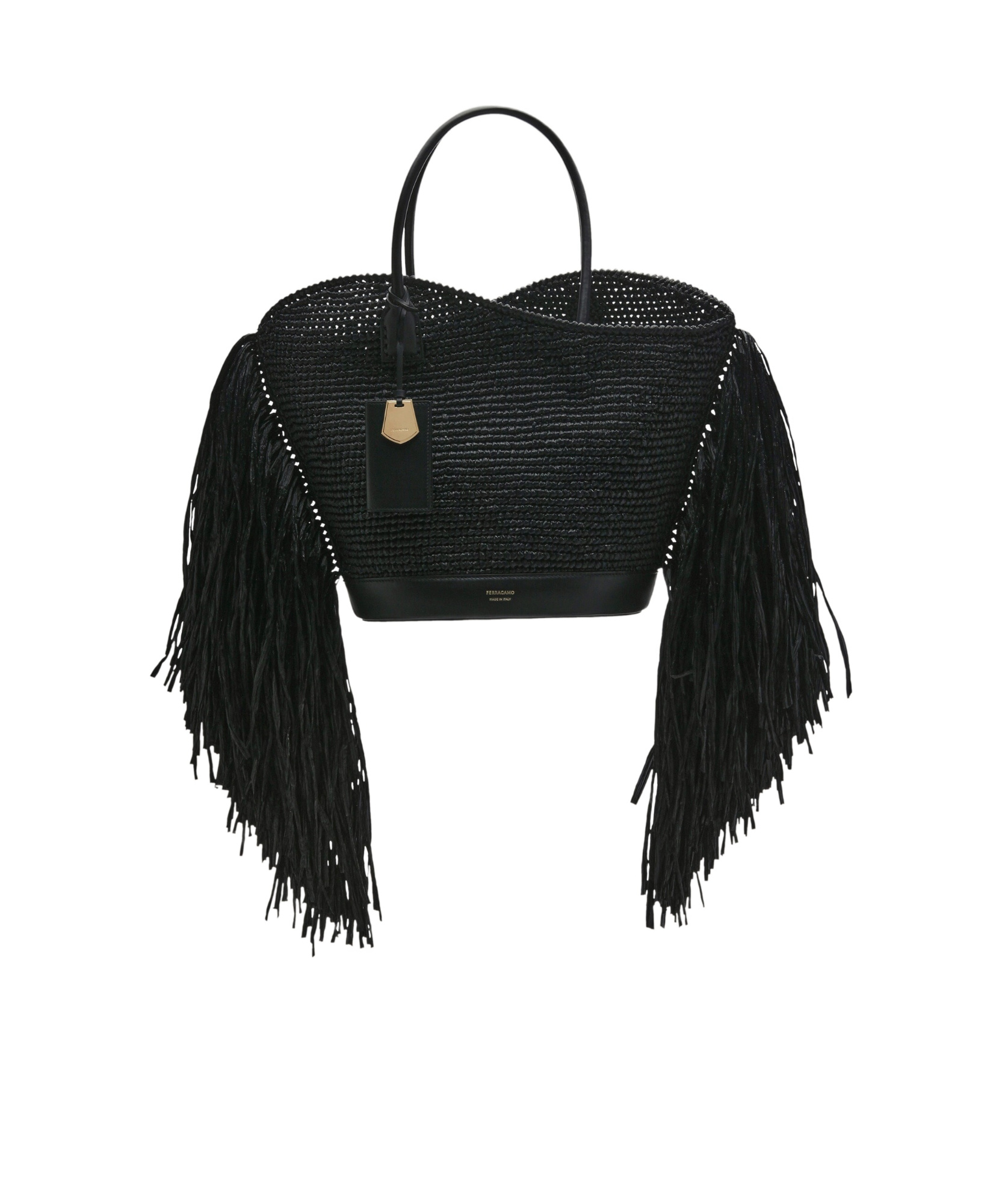 Ferragamo Fringed Raffia Tote Bag In Black