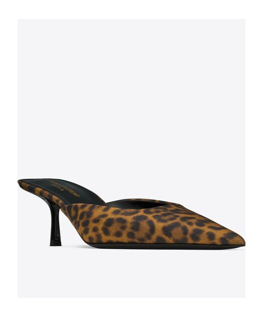 Saint Laurent Barbara Leopard Print Satin Muller High-heeled Sandals In Brown