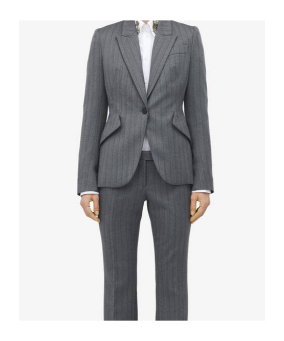 Alexander Mcqueen Herringbone Striped Single-breasted Blazer Jacket In Gray