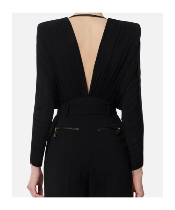 Elisabetta Franchi Draped V Neck Sheer Fabric Top In Black