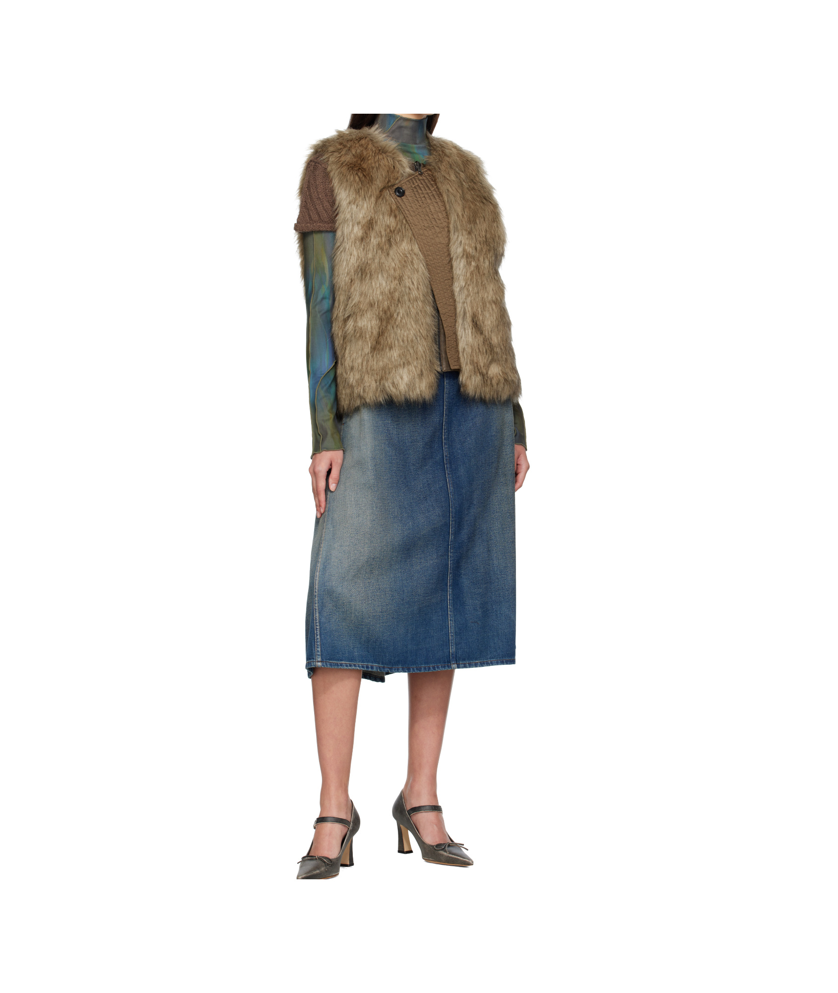 Andersson Bell Curved Placket Reversible Faux Fur Vest In Burgundy