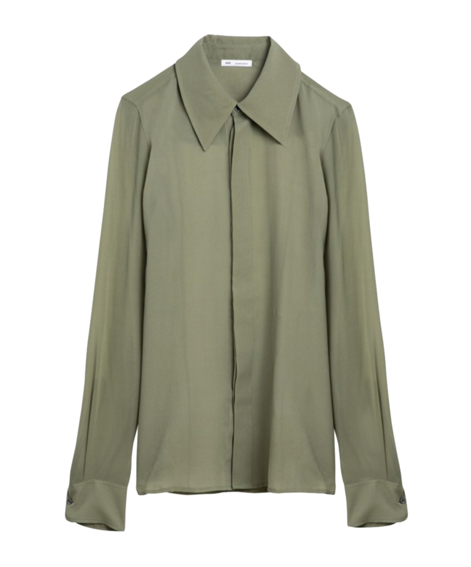 Ami Alexandre Mattiussi Silk Shirt With Long Sleeves And Pointed Collar In Green
