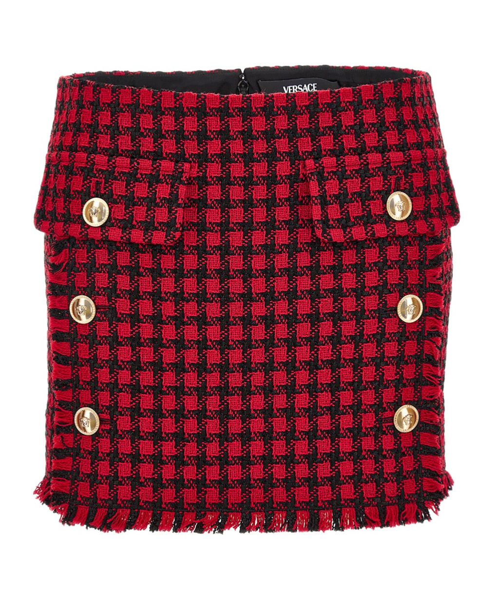 Versace Button-embellished Frayed Checked Tweed Mini Skirt In Brown