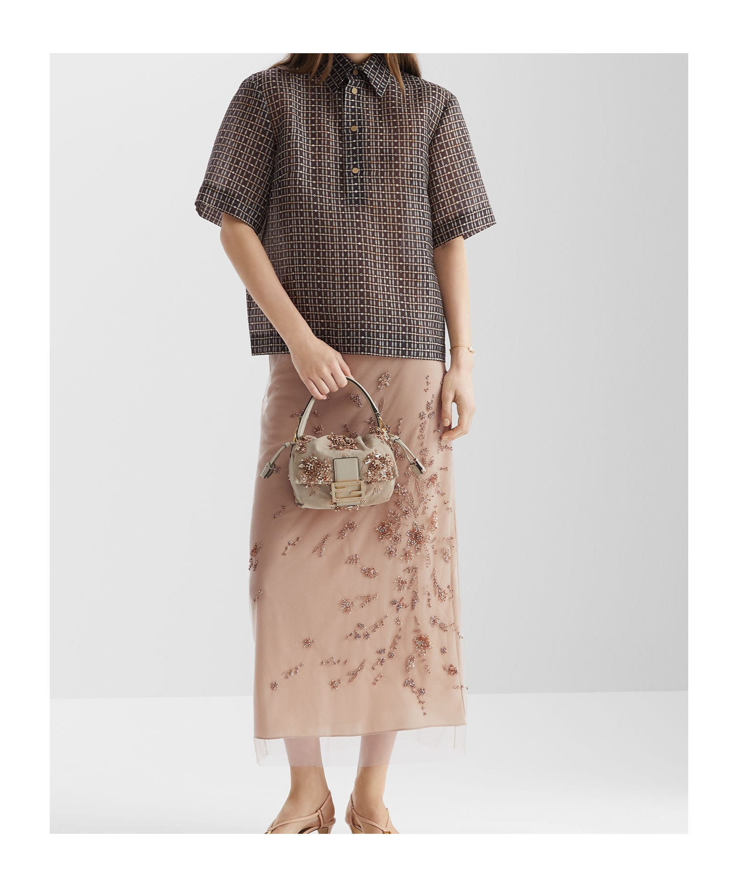 Fendi Grid-pattern Polo Top In Gray